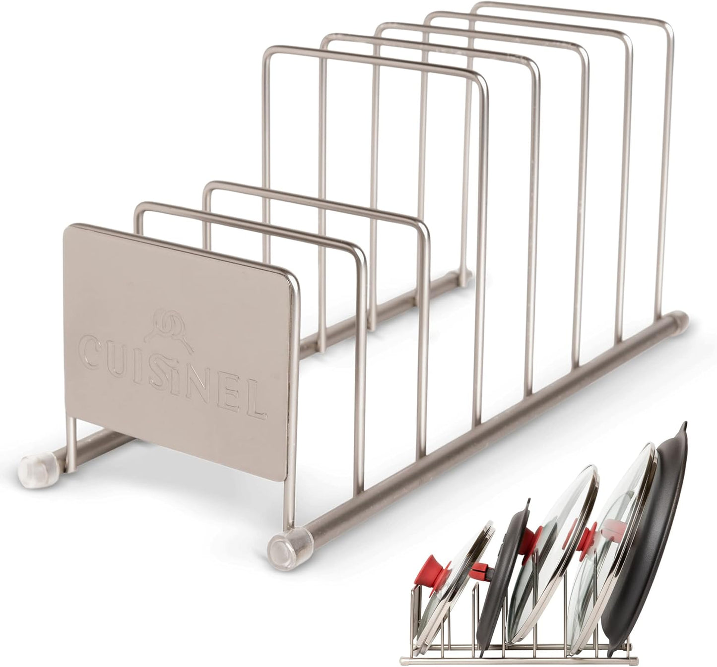 Cuisinel Lid and Dish Organizer Rack - 2-Pack Satin Nickel Kitchen Storage Organization Stand - Plate Holder, Pan/Pot Covers, Cutting Board and Cookie Sheet Divider - 7-Tier Cabinet/Counter Display