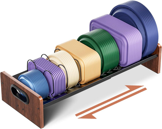 Expandable Food Container Lid Holder Organizer, Adjustable 13.97-22 Inch V-Shaped Kitchen Cabinet Storage Rack with 20 Slots & 6 Adjustable Dividers for Lids, Cutting Boards, Baking Pans