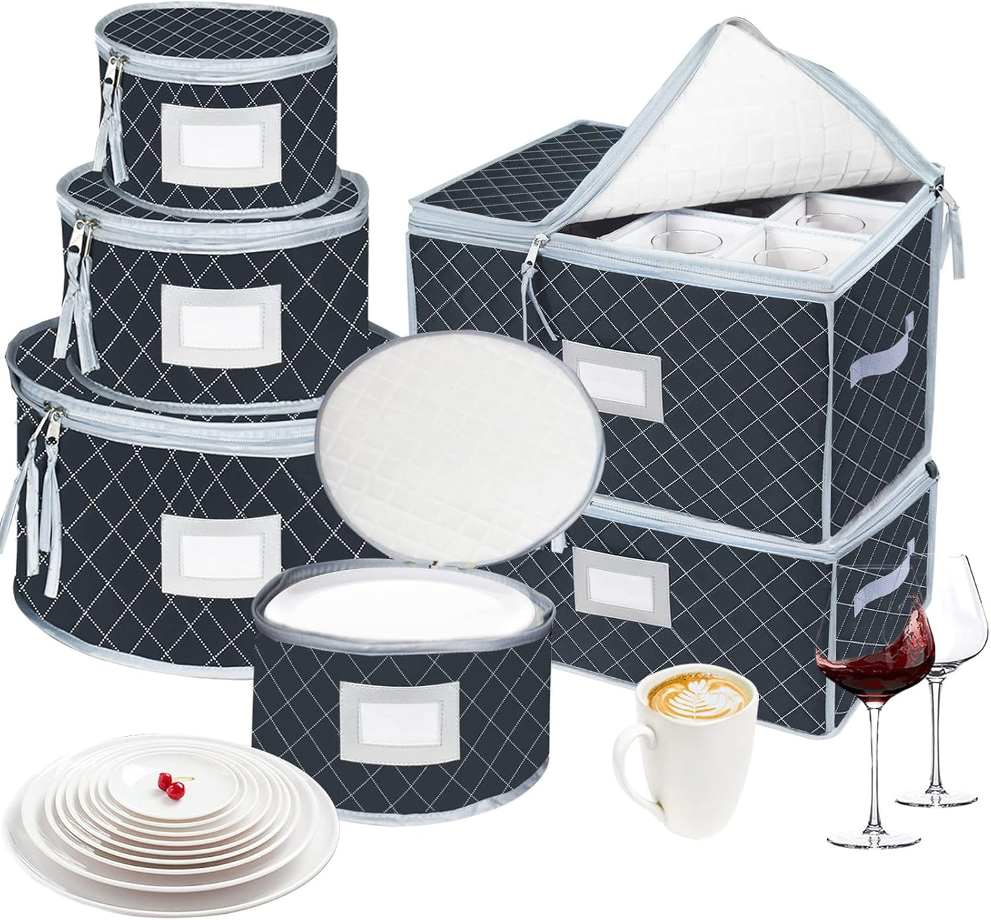 VERONLY China Dinnerware Storage Containers Set- Dish,Mug,Stemware Storage Cases - Quilted Box Bins Stackable with Divider,handles,Clear Window for Cups,Plates,Wine Glasses Moving Set of 6 (Grey