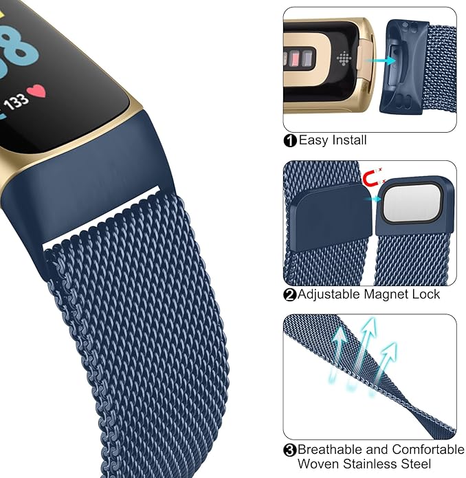 Meliya for Fitbit Charge 6 Bands Women Men, Stainless Steel Metal Mesh Loop Adjustable Magnetic Wristband Replacement Straps Compatible with Fitbit Charge 6 Fitness Tracker