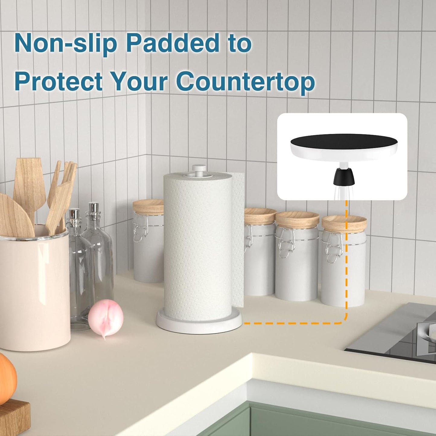 White Paper Towel Holder Countertop, White Kitchen Accessories Decor, Stainless Steel, Weighted Base, Paper Towel Roll Holder Stand with Ratchet Mechanism for Kitchen Bathroom Farmhouse Essentials