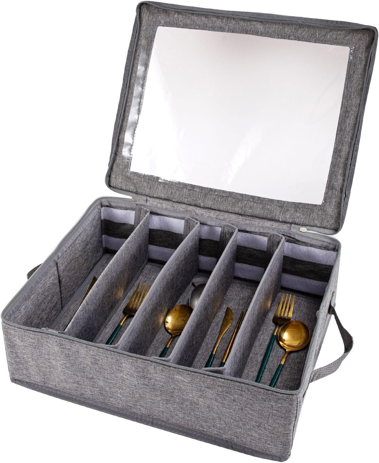 Flatware Utensil Storage Case With Adjustable Dividers,5 Compartments Zipper Flatware Storage Case, Silverware Storages Cases With Handles And Organizes Cutlery Stackable