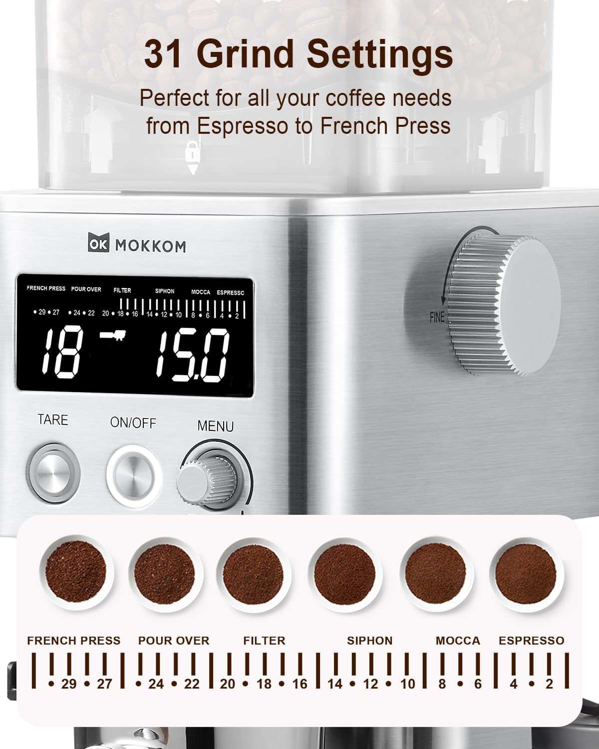 MOKKOM Coffee Grinder with Removable Coffee Scale via Bluetooth Connectivity, Anti-static Conical Burr Coffee Bean Grinder, 31 Precise Settings for French Press/Cold Brew/Pour Over/Drip/Espresso