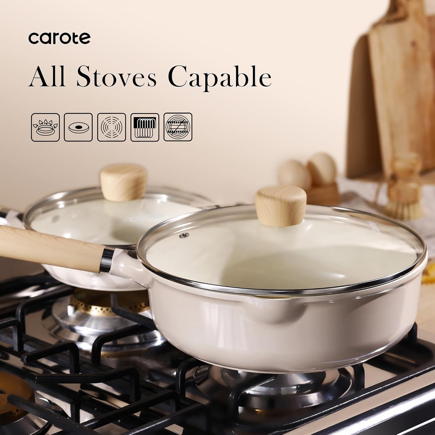 CAROTE 10" Ceramic Saute Pan wilt Lid, Non Stick Frying Pan Skillet Chef's Pan, Healthy & PFOA/PFAS Free, Induction-Compatible, Taupe