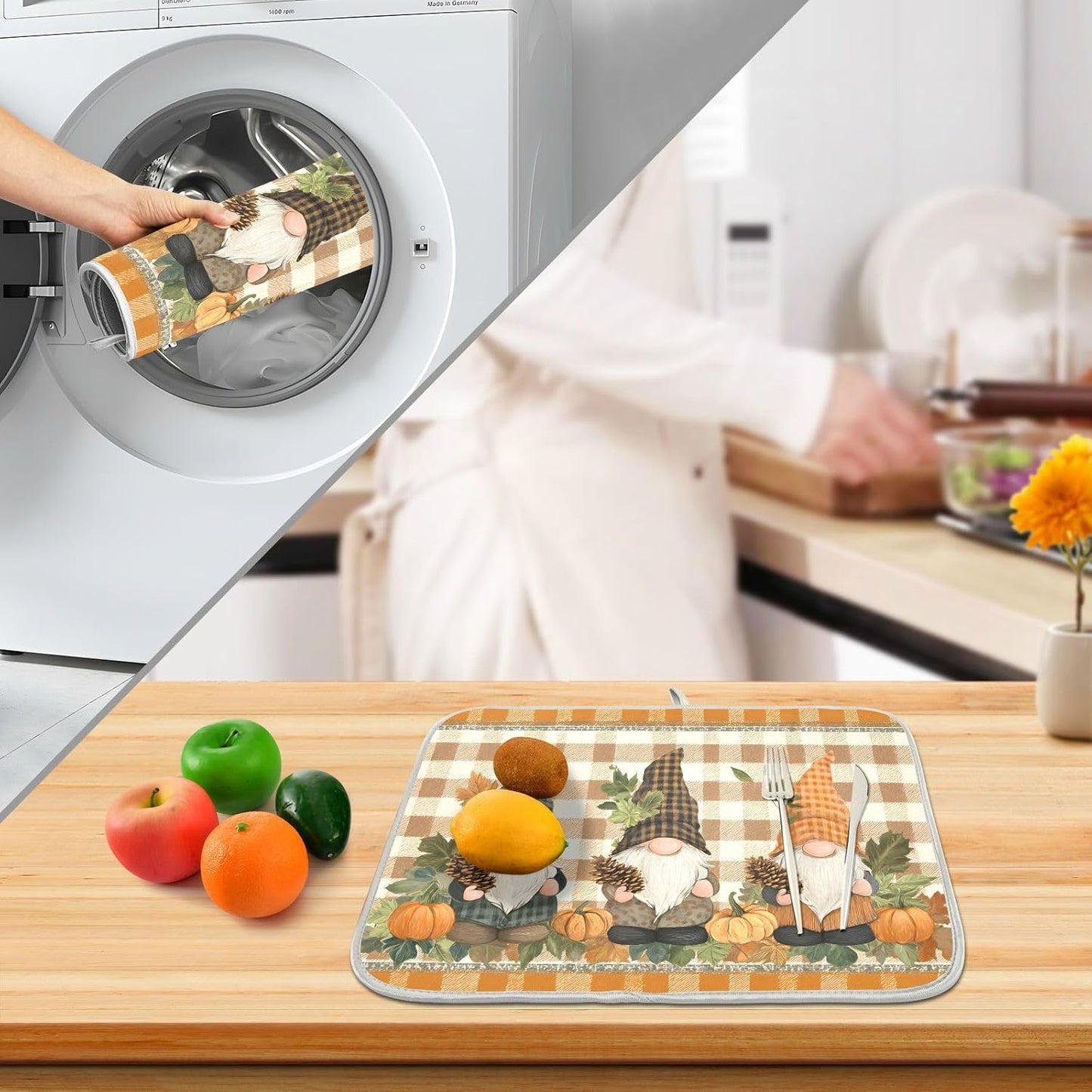 Fall Pumpkin Gnomes Maple Leaves Autumn2 Dish Drying Mat for Kitchen Counter Absorbent Microfiber Large Drying Pad Dish mats for Kitchen Countertops 18 x 24 Inch