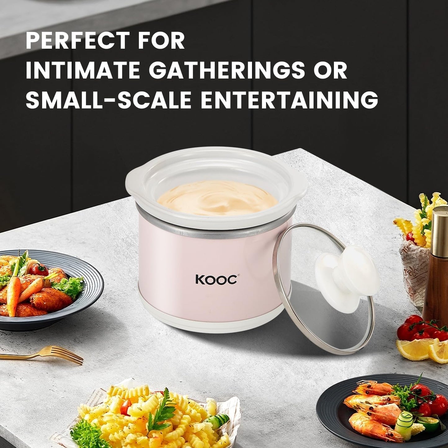 KOOC Small Slow Cooker, 0.65 Quart, Free Liners Included, Upgraded Ceramic Pot, Nutrient Loss Reduction, Sauces, Stews & Dips, Stainless Steel, Pink, Round