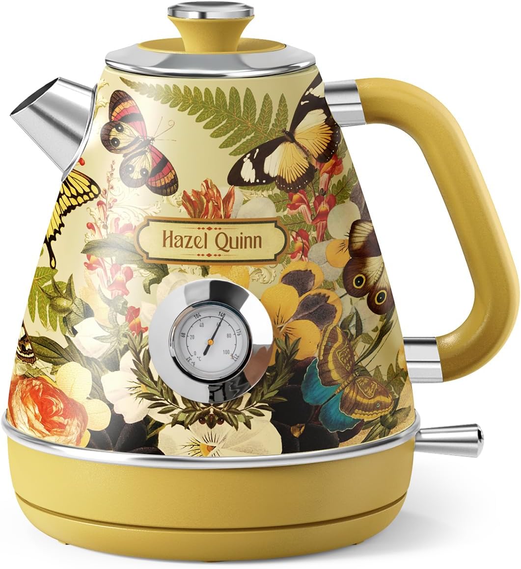 Hazel Quinn X Eduardo Recife Electric Kettle - 1200W Fast Water Boiling, 1.7L/57oz, All 304 Stainless Steel Interior, BPA-Free, Auto Shut-Off, Cordless Retro Teapot with Thermometer - Floral Patterned