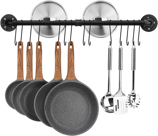 Toplife 31.5 inch Pot Rack, Kitchen Wall Mounted Detachable Pan Lid Utensils Organizer Hanging Rail with 14 Hooks, Black