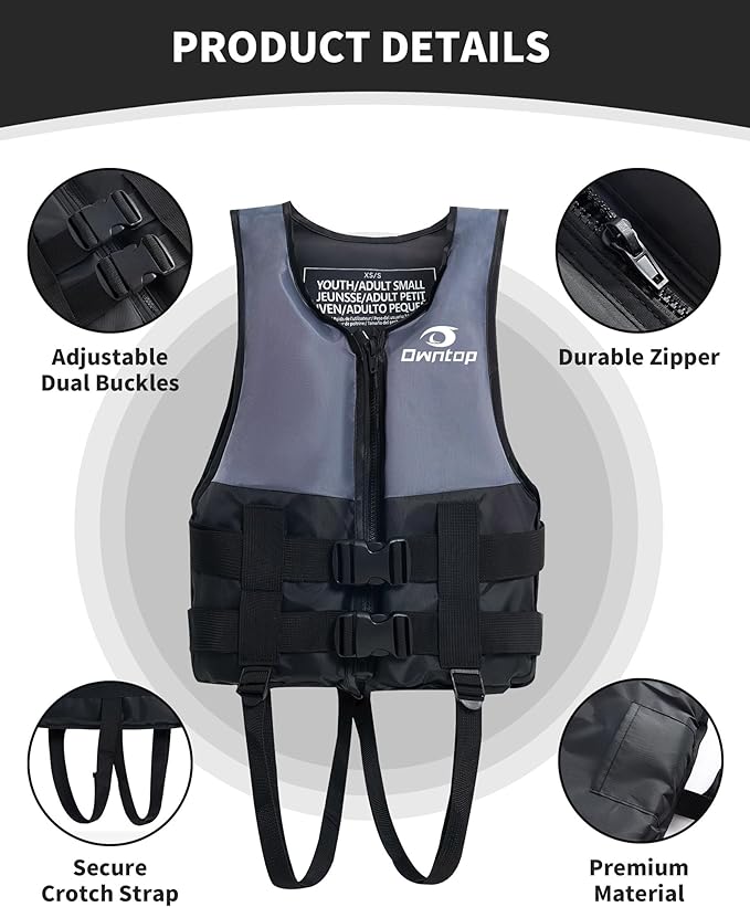 Owntop Kids and Adult Swim Jackets 50 to 125 lbs Dual Buckles, Zipper and Crotch Strap Ski Vest Lightweight PFD Perfect for Kayaking, Fishing, Paddle Board
