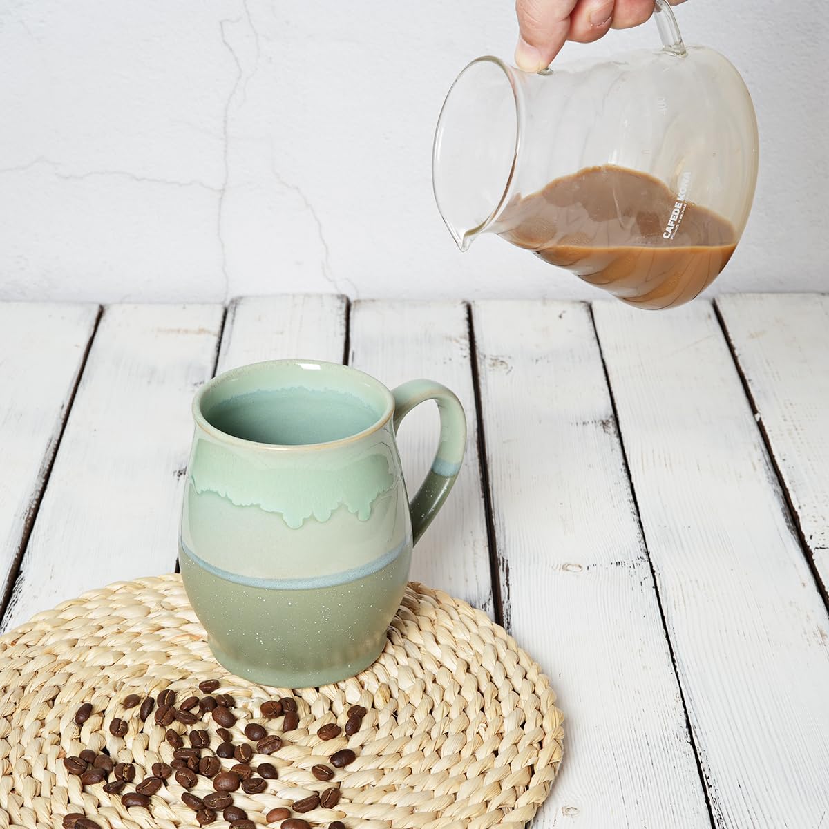 Bosmarlin Extra Large Ceramic Coffee Mug, 25 Oz, Dishwasher and Microwave Safe, Oversized Big Tea Cup for Office and Home, Reactive Glaze (Green)