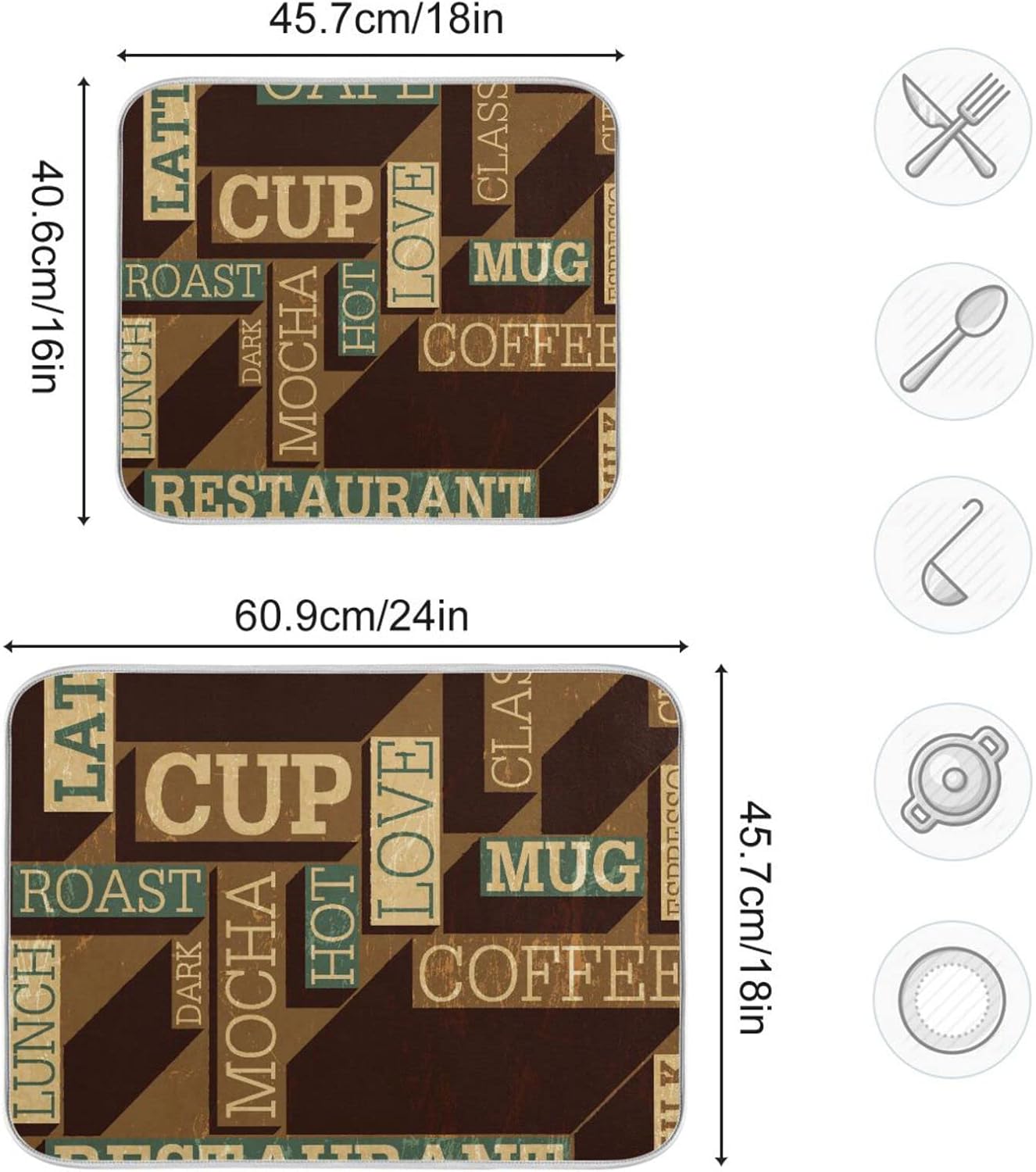 senya Super Absorbent Dish Drying Mat, Microfiber Fast-Drying 16'' x 18'', Kitchen Pad, Coffee Themed Seamless Retro