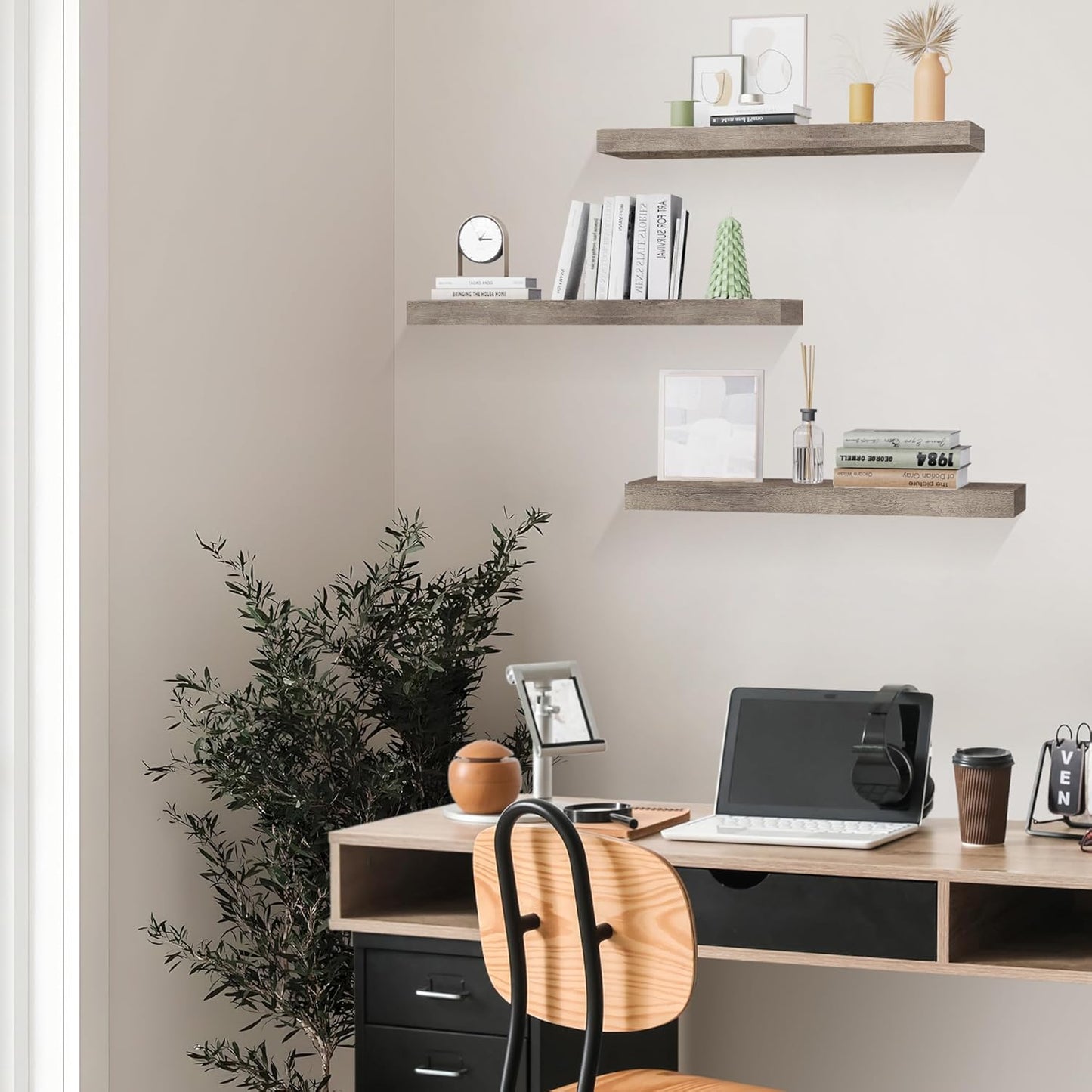 Colima Floating Shelves for Grey Wood Wall Shelf for Bedroom, 24 Inch Wall Mounted Floating Shelves for Bathroom Living Room Kitchen Office, 1.5" Thick Floating Book Shelves for Wall, Set of 3