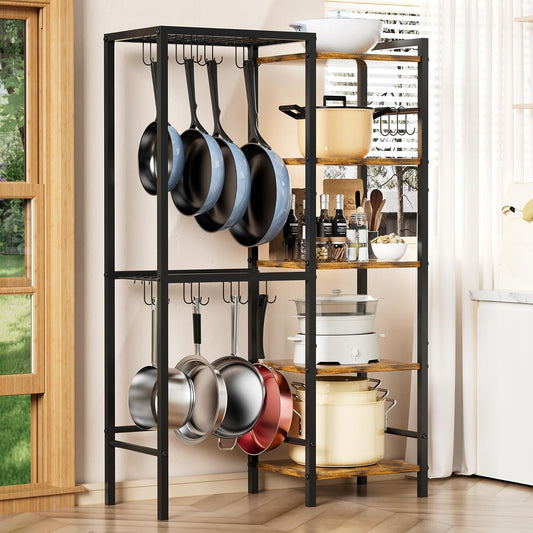 5-Tier Pot and Pan Organizer Rack with Hooks, Heavy-Duty Kitchen Storage Shelf for Cookware, Dishes, and Utensils, Freestanding Metal Pot Rack Organizer for Kitchen, Pantry, or Dining Room