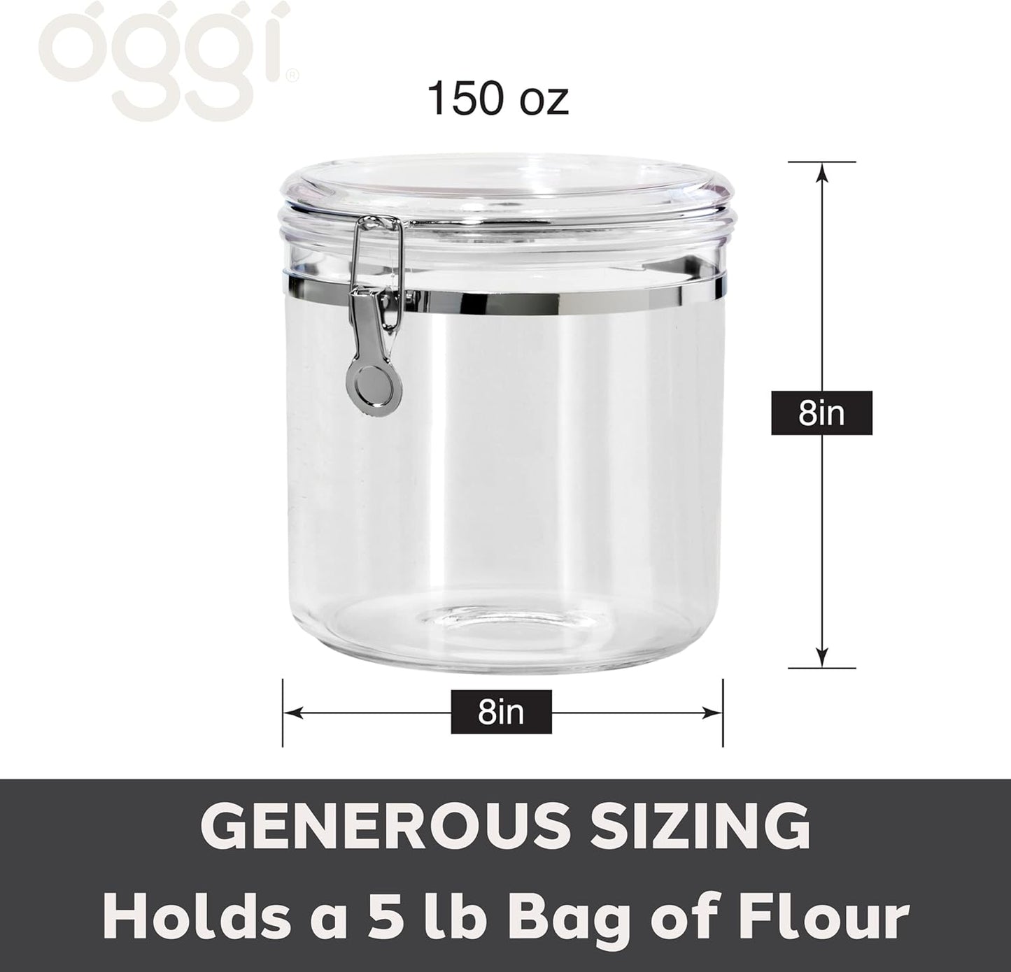 OGGI Jumbo Clear Canister with Clamp Lid, 150 oz - Airtight Food Storage Container, for Kitchen & Pantry Storage of Bulk, Dry Foods Including Pasta, Flour, Sugar, Coffee, Rice, Tea, Spices & Herbs