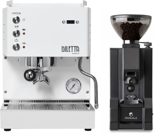 Diletta Mio Espresso Machine (White) and Eureka Mignon Notte Grinder Bundle