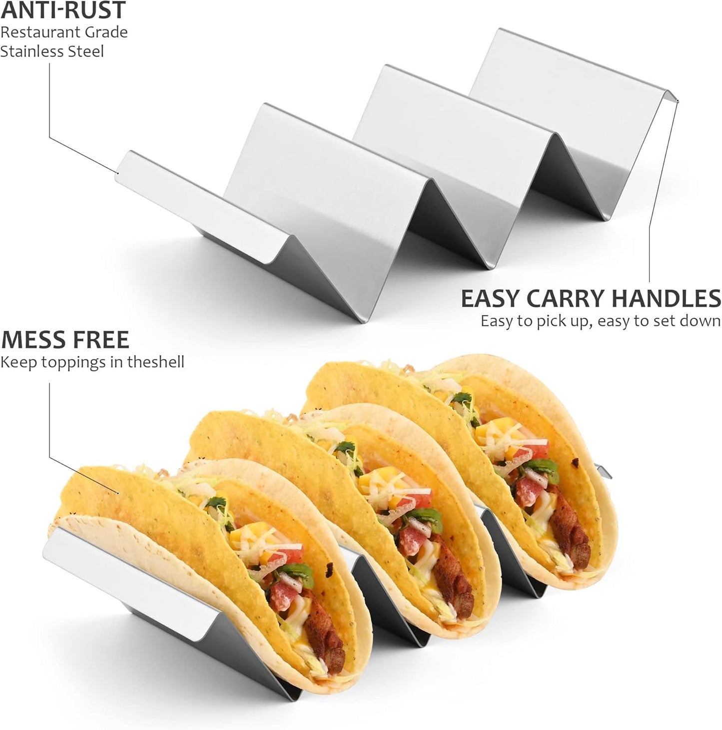 Smithcraft Taco Holder, Stainless Steel Taco Holders Stand, Oven Grill Safe Taco Shell Holder Rack Tray With Handles, Fill Serve Rack Holds Up to 3 Tacos Each, Set of 10 Taco Holders