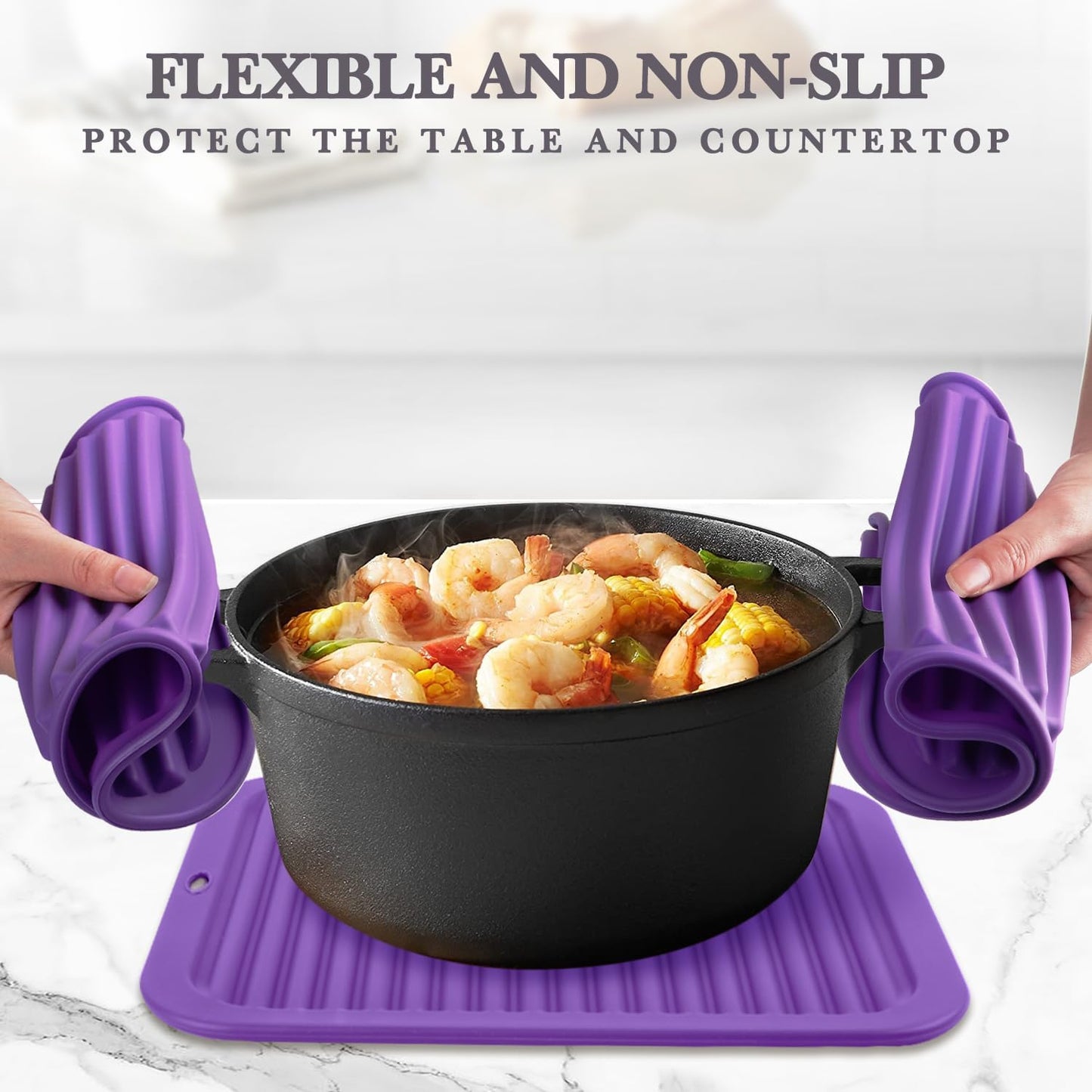 Silicone Trivet for Hot Dishes, 2 Pack Purple Heat Resistant Silicone Hot Pads Pot Holders for Kitchen Counter Non-Slip Trivets for Hot Pots and Pans, 9'' x 12'' Large Dish Drying Mat & Spoon Rest