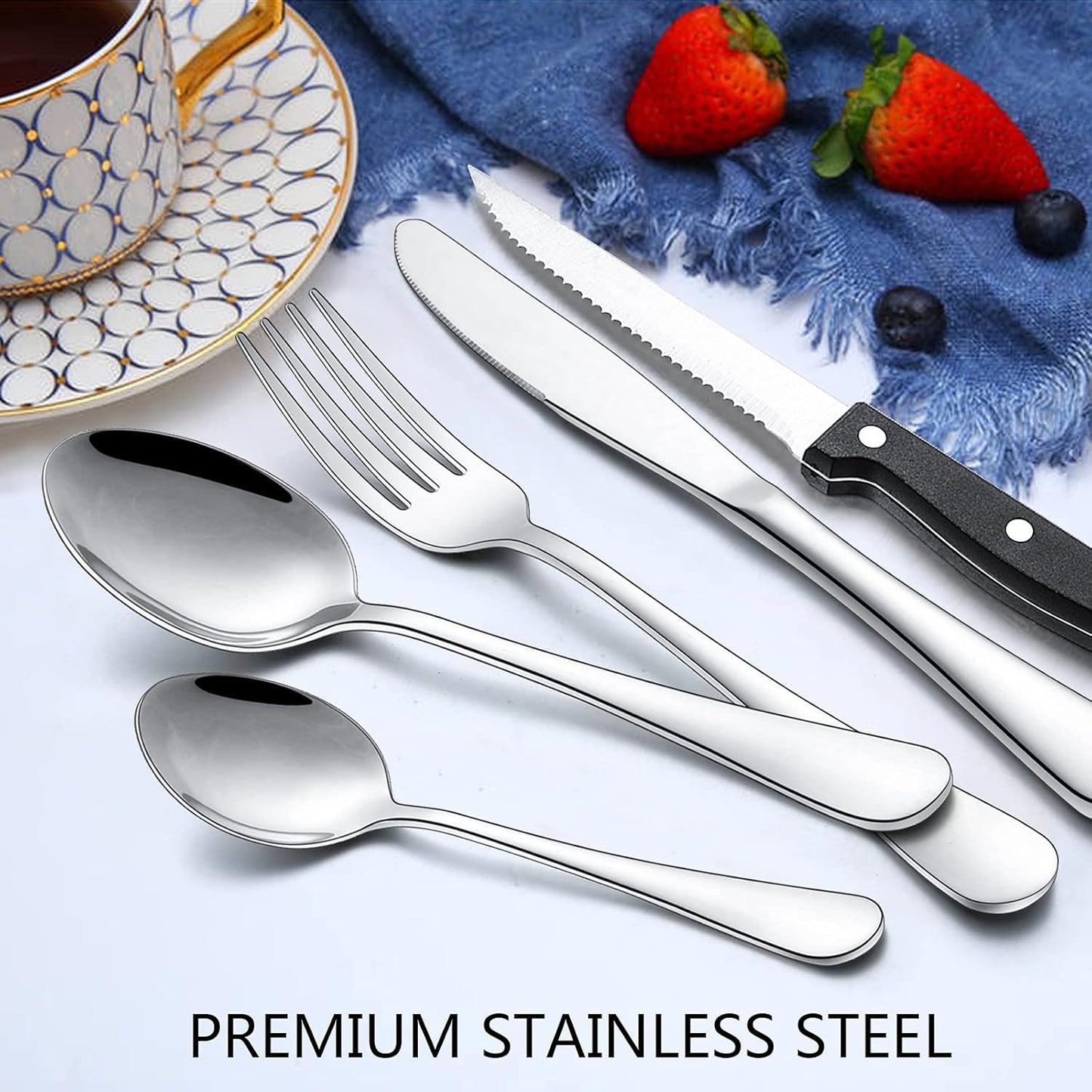 Wildone 24-Piece Flatware Set with Steak Knives, Stainless Steel Silverware Cutlery Set Service for 4, Tableware Eating Utensils Include Knives/Forks/Spoons, Mirror Polished, Dishwasher Safe