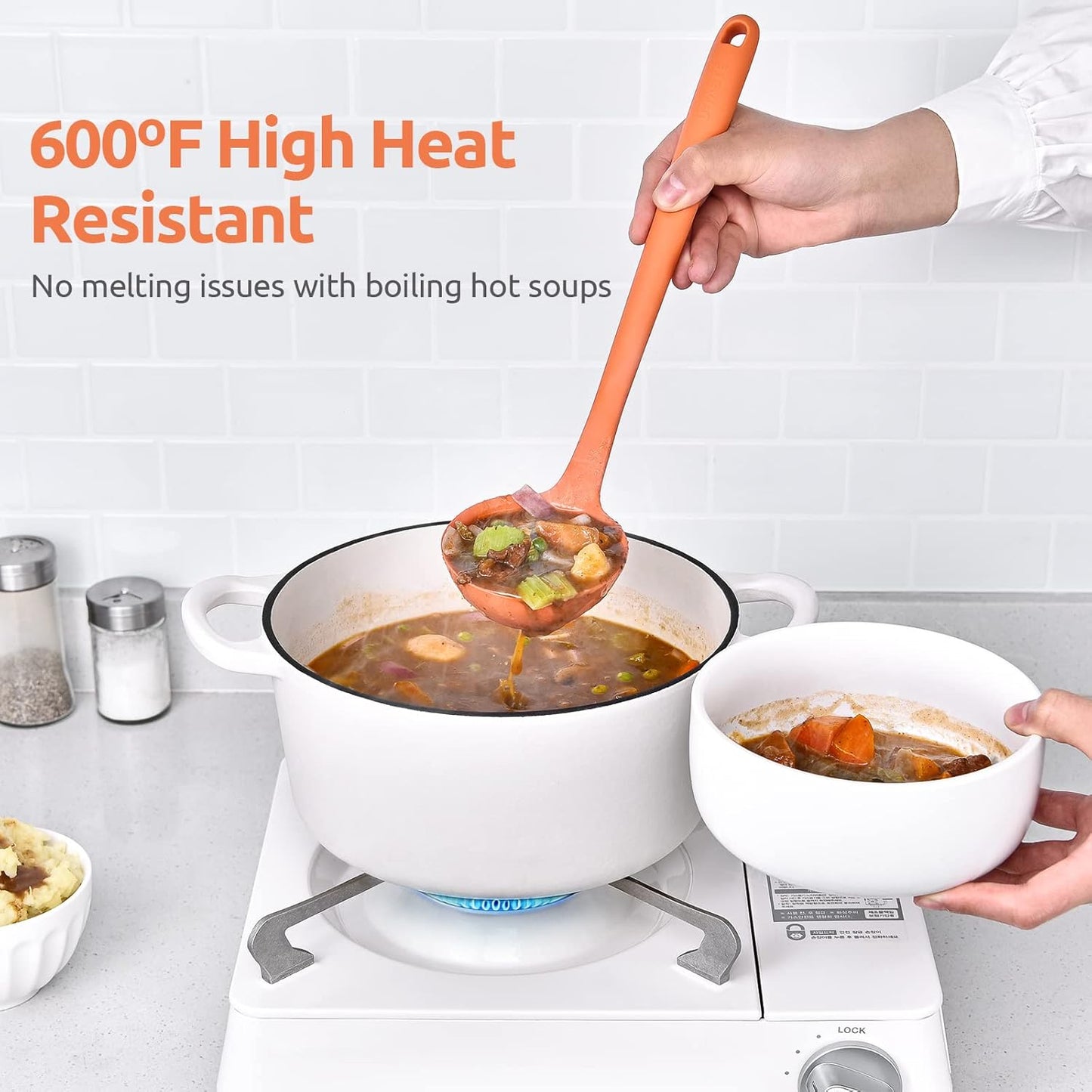 13 inch Silicone Soup Ladle: U-Taste 600ºF Heat Resistant 4 oz Large Non-stick Seamless Rubber Kitchen Deep Serving Spoon with Non-slip Solid Long Handle for Cooking Sauce/Stews/Gravies/Chili(Orange)