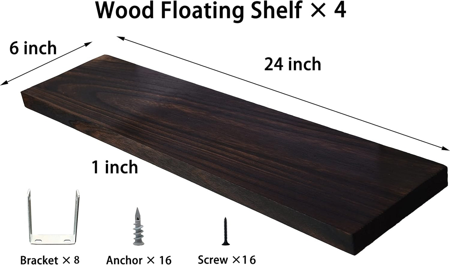 Wood Floating Shelves for Wall, Wooden Wall Shelves for Bedroom, Wall Mounted Shelves for Living Room, Set of 4 Brown 24 Inch