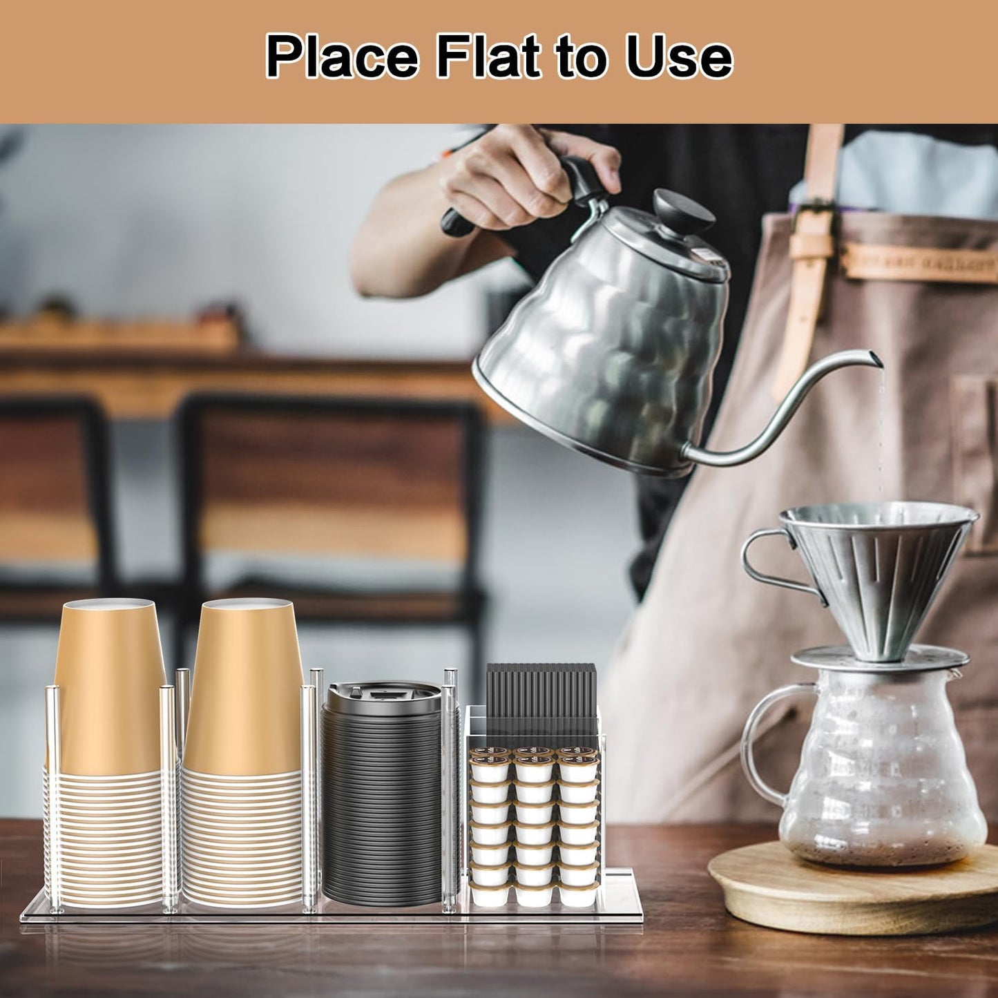 Acrylic Cup and Lid Holder with Straw Organizer, Adjustable Coffee Cup Holder Organizer, 5 Compartment Cup Dispenser for Disposable Paper & Plastic Cups, for Station Home Countertop Bar Breakroom