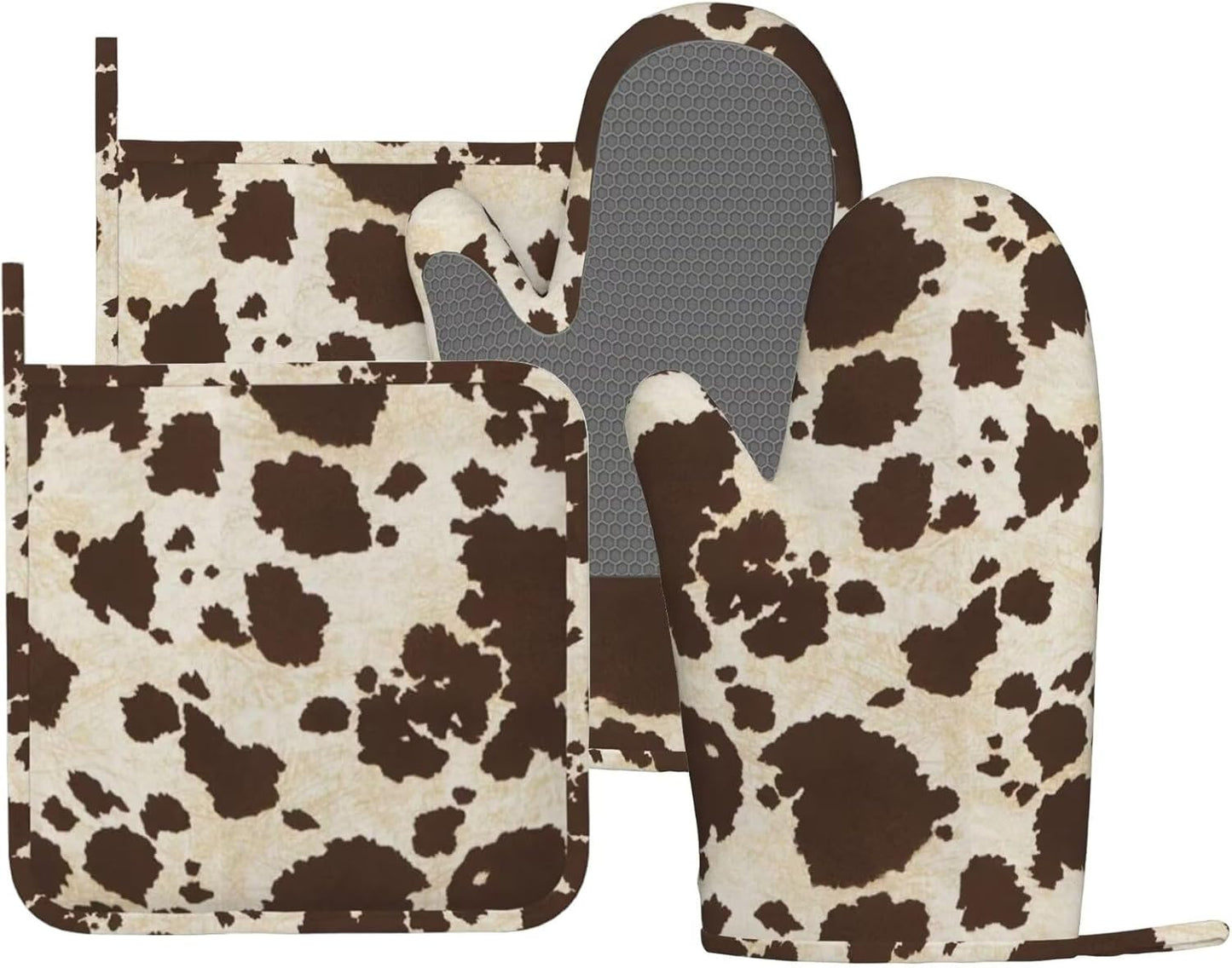 Brown Cowhide Oven Mitts and Pot Holders Sets Silicone Brown Cow Print Kitchen Mitts Cowhide Skin Pattern Potholders Heat Resistant 4Pcs Oven Gloves Hot Pads for Kitchen Baking Cooking