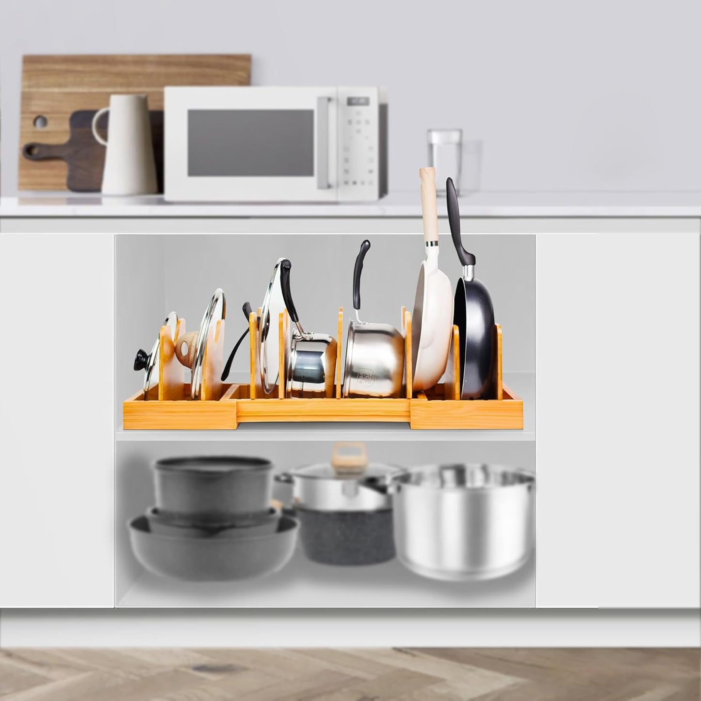 MinBoo Bamboo Expandable Pot Lid Organizer Pot Lid Holder, Pot and Pan Organizer Drawer Organizer for Pot Lids, Adjustable Dividers for Kitchen Cabinet Organizers and Storage,Large