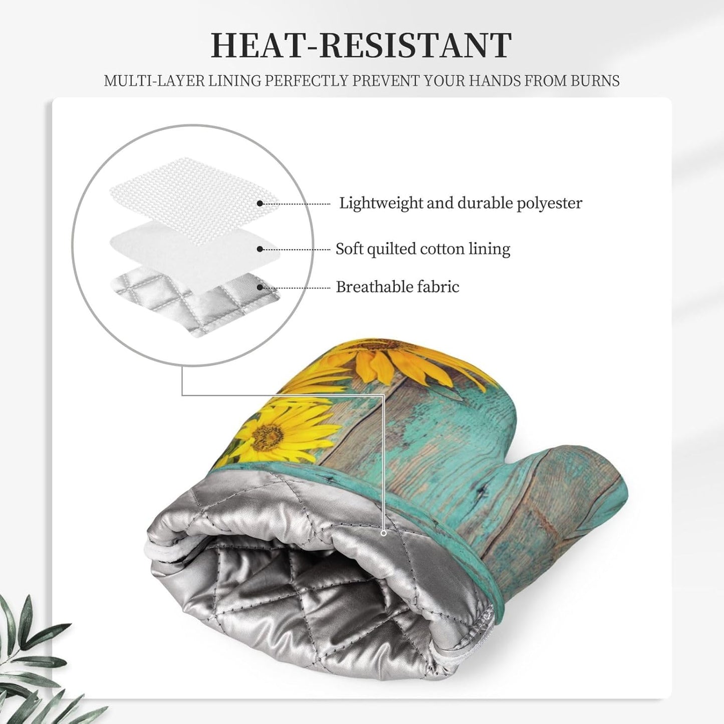 Sunflower Teal Wood Oven Mitts Pot Holders Set Silicone Kitchen Oven Mitts Heat Resistant Farmhouse Potholders Non-Slip 4pcs Hot Pads and Oven Gloves Sets for Baking,Cooking,BBQ,Grilling