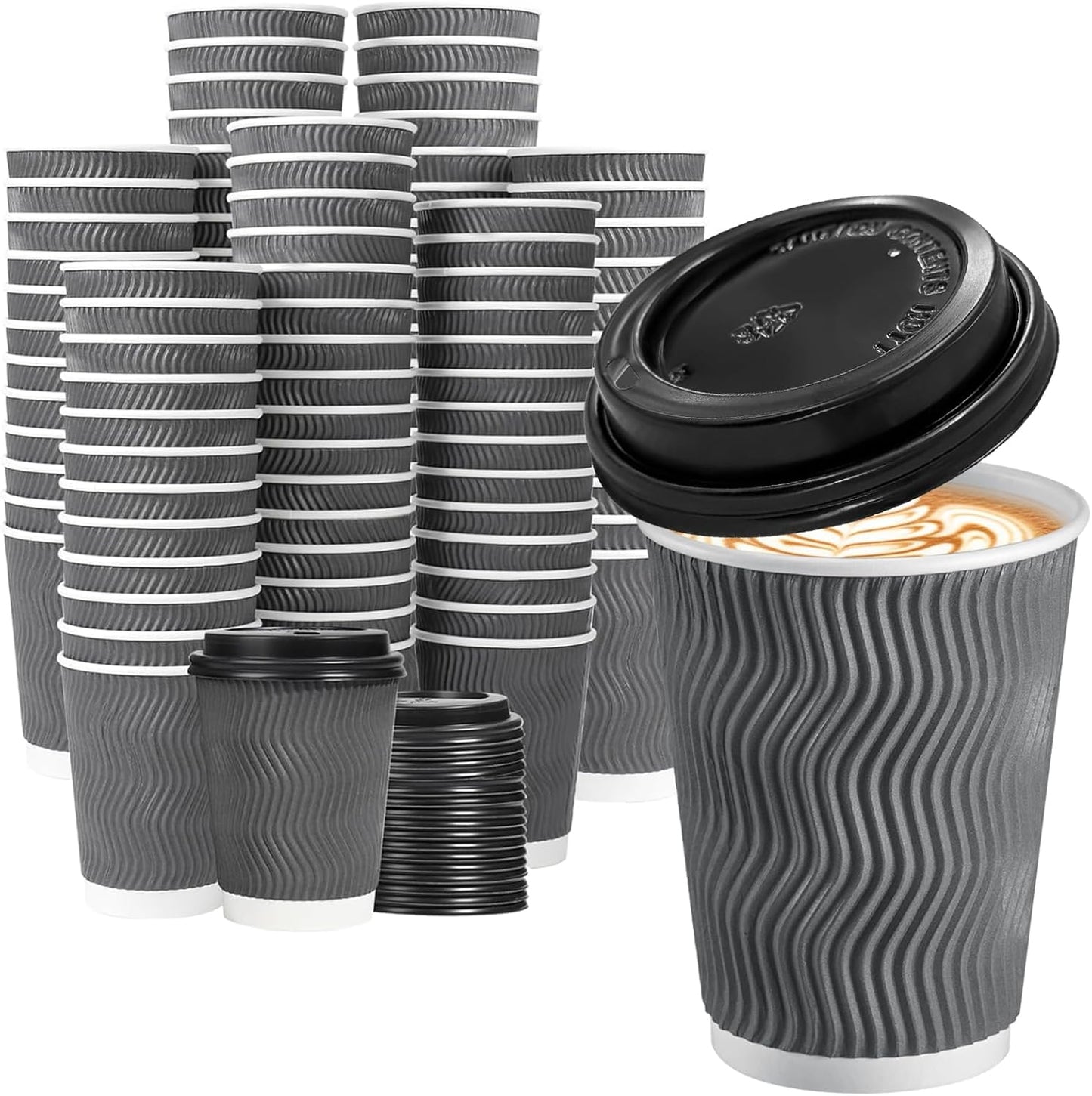 Lamosi 500 Pack - 12 oz Insulated Disposable Coffee Cups with Lids, To Go Paper Coffee Cups with Lids, Corrugated Ripple Wall Cup for Hot Drink Office Coffee Bar (Grey)