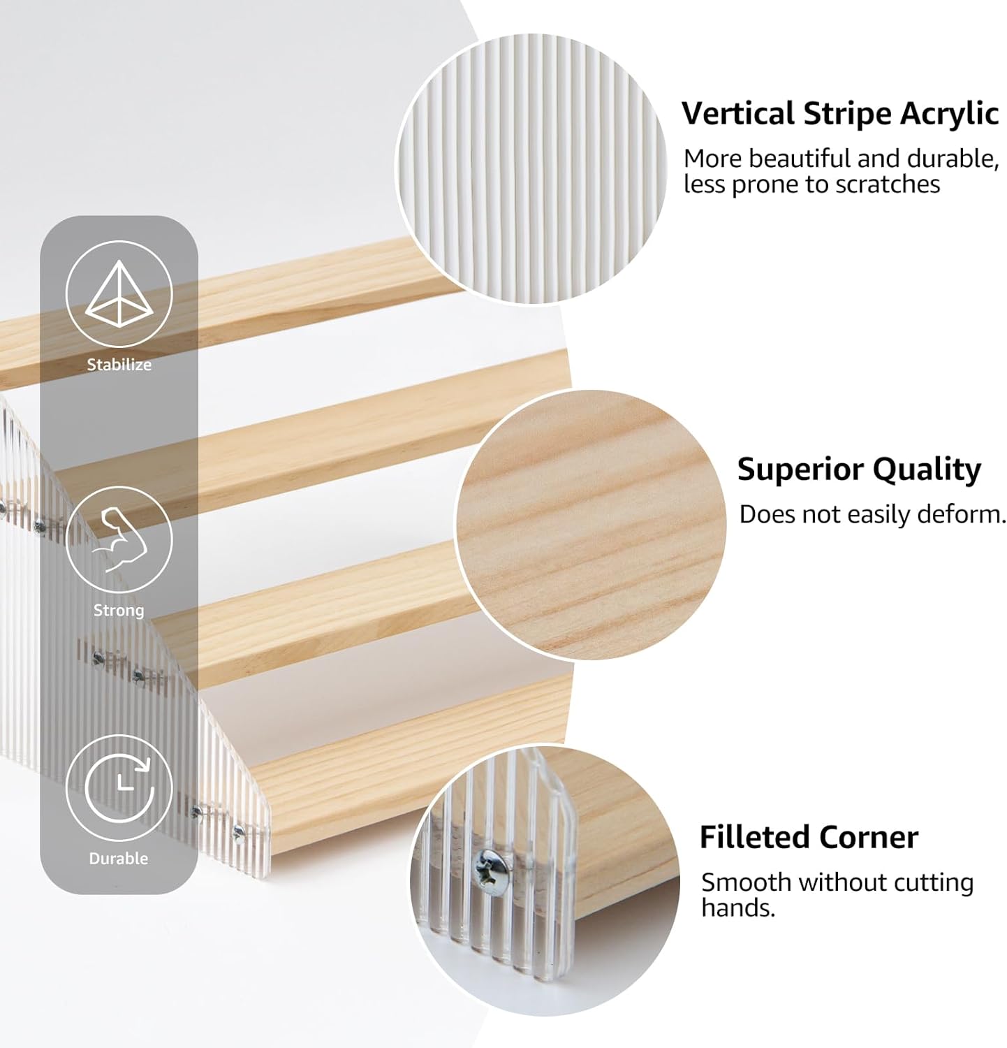 nianfeng Tiered Spice Rack, 4-Tier Spice Pantry Kitchen Cabinet Organizer, 12-Inch, Natural Wood Acrylic Stair Riser Stand, Countertop Seasoning Shelf