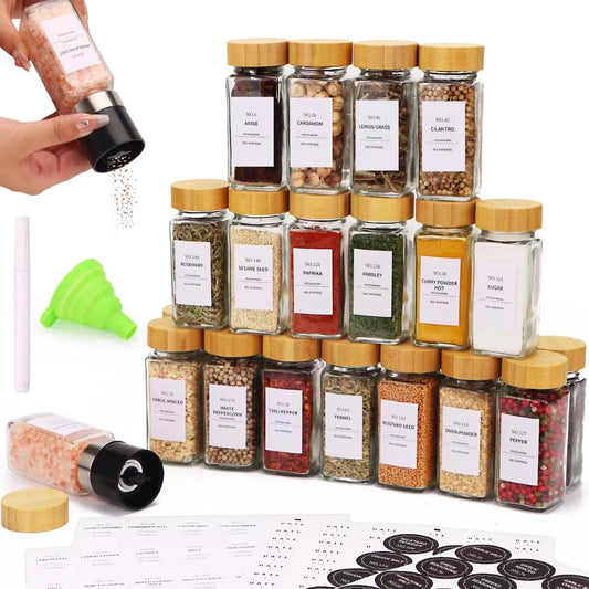 Spice Jars - 24 Pcs, Spice Jars with Labels, Glass Seasoning Jars with Bamboo Lids, Seasoning Containers,Empty Glass Spice Container Set , Seasoning Organizer, Kitchen Set, with Pepper Grinder