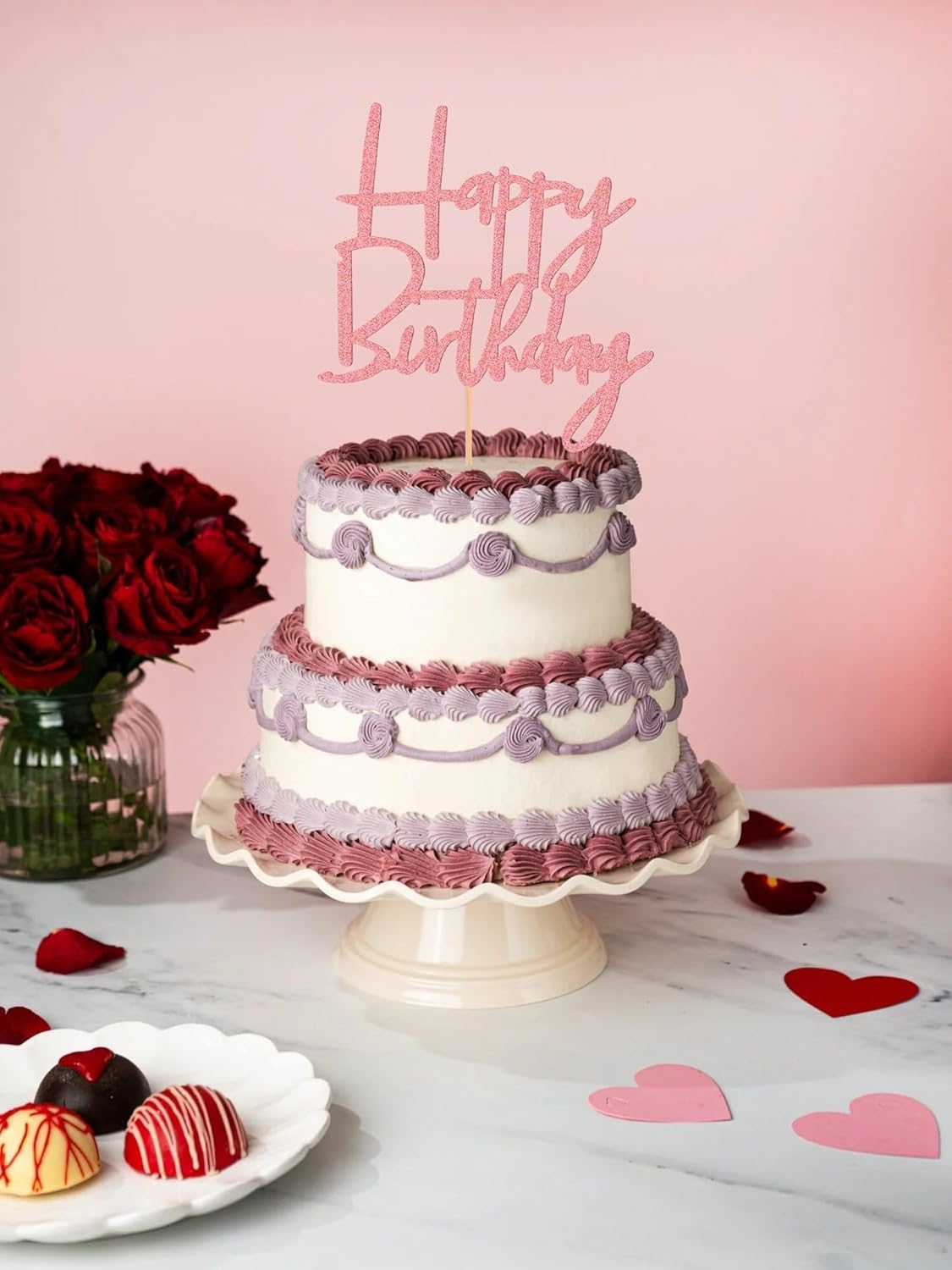 Happy Birthday Cake Topper - Glitter Pink Birthday Cake Top Decorations (Pink)