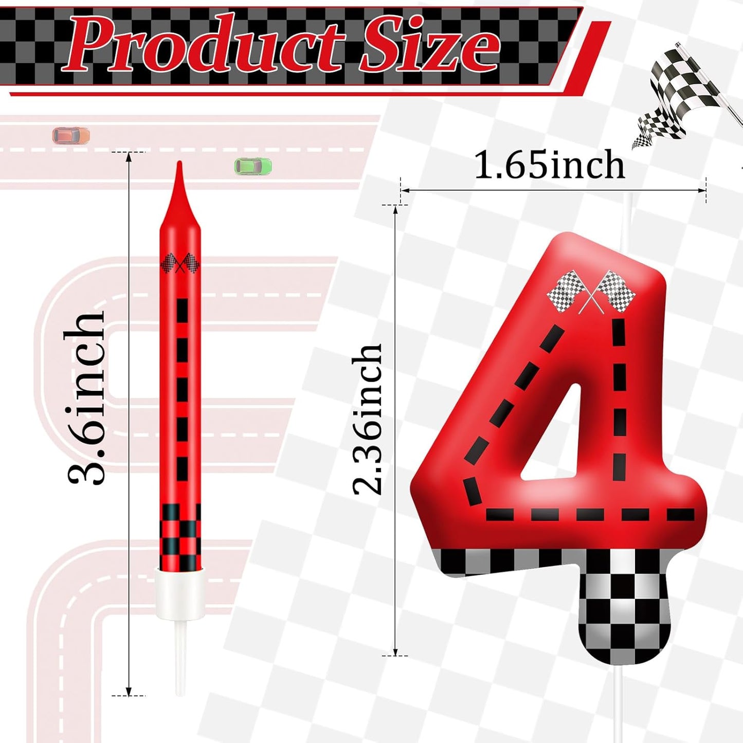 13PCS Racing Car Theme Birthday Candle Set with Checkered Flag Design - Durable Cake Topper for Race Car Party Decorations, Kids Birthday Supplies - Number 4 Candle for Racing-Themed Celebrations