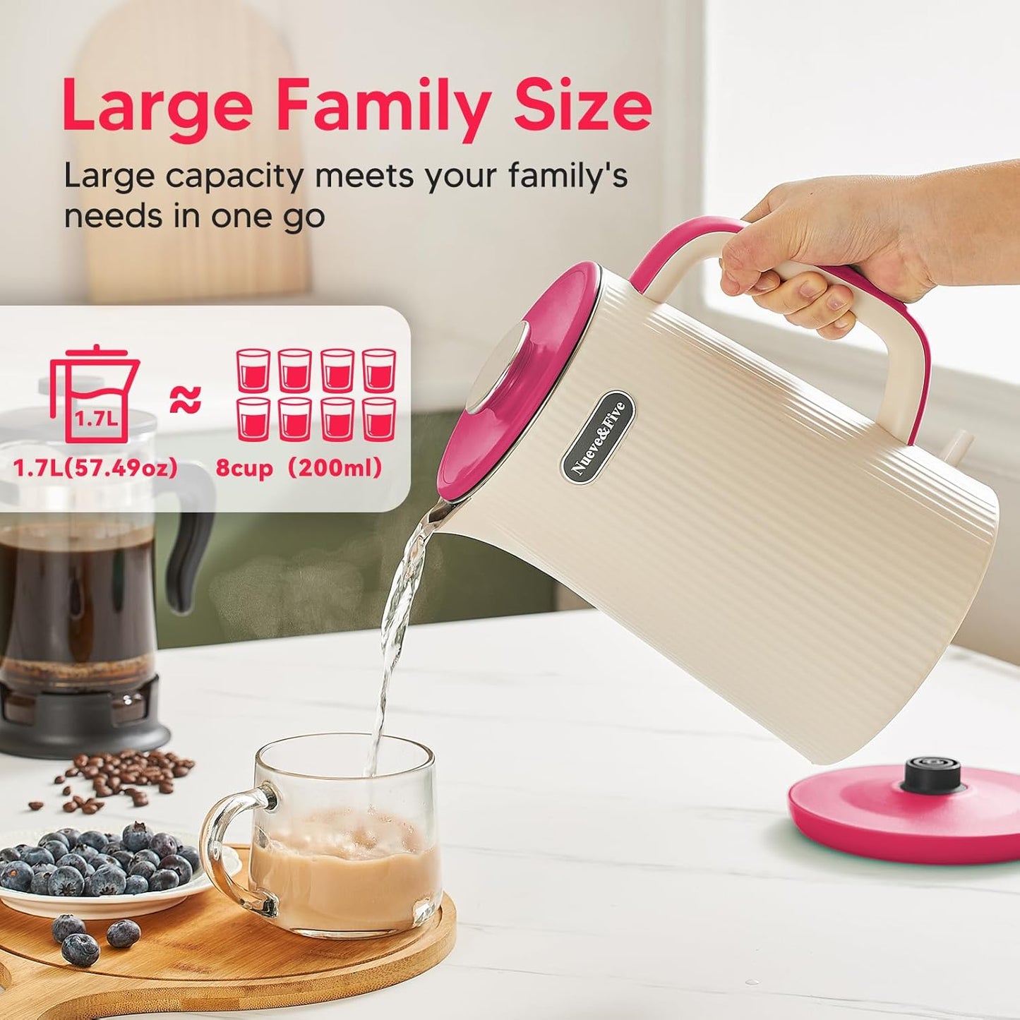 Nueve&Five 1.7L (57oz) Large Electric Kettle Perfect for 7+Cups of Tea and Coffee,2 quarts Double Wall Big Electric Tea Kettle,Auto Shut Off,1200W Hot Water Kettle Electric -Red