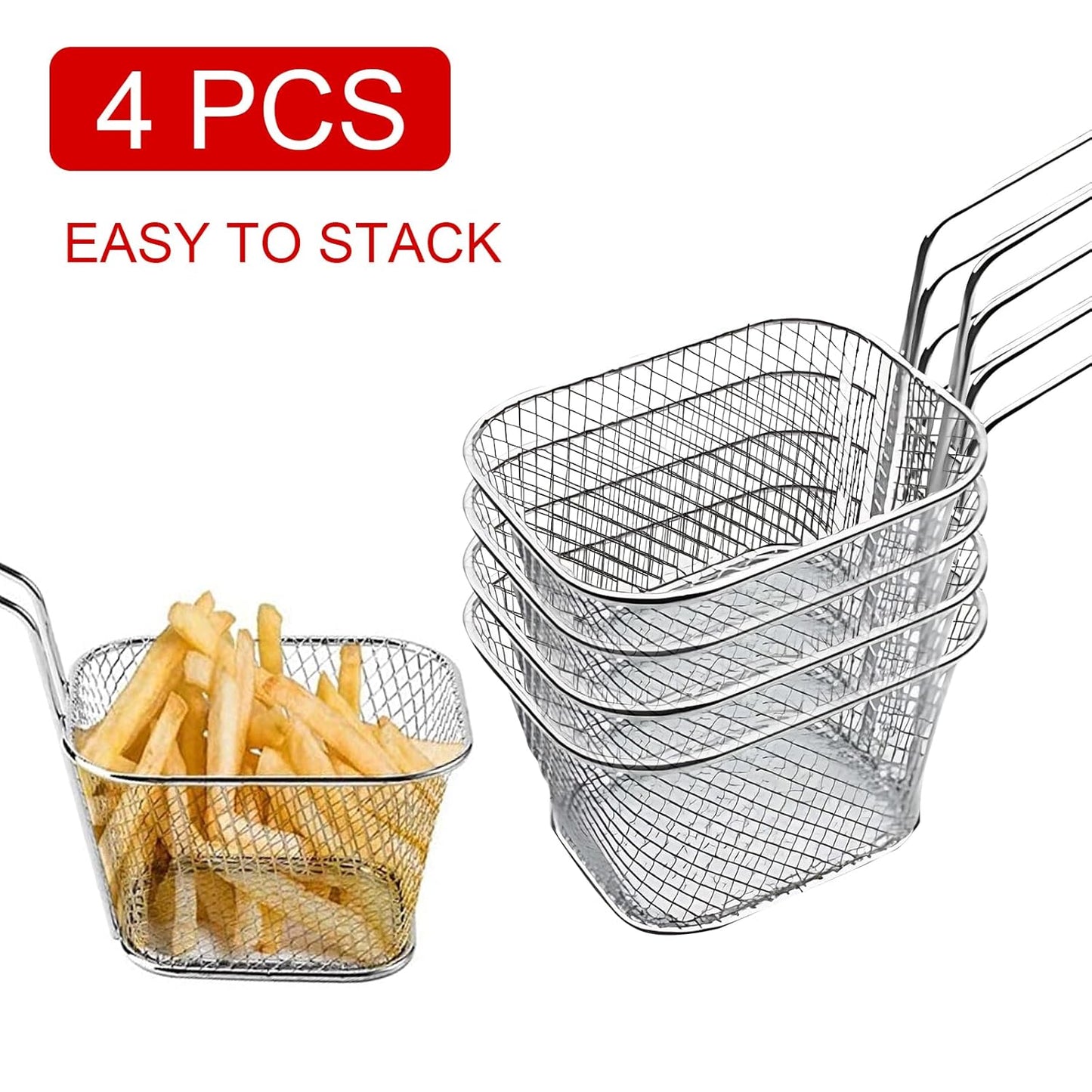 4 Pcs Mini Square Fry Baskets, 4.13×3.3×2.5inch Stainless Steel Fry Basket with Handle Steel French Fry Chip Basket French Fries Desk Food Presentation Mesh Basket Kitchen Cooking Tool