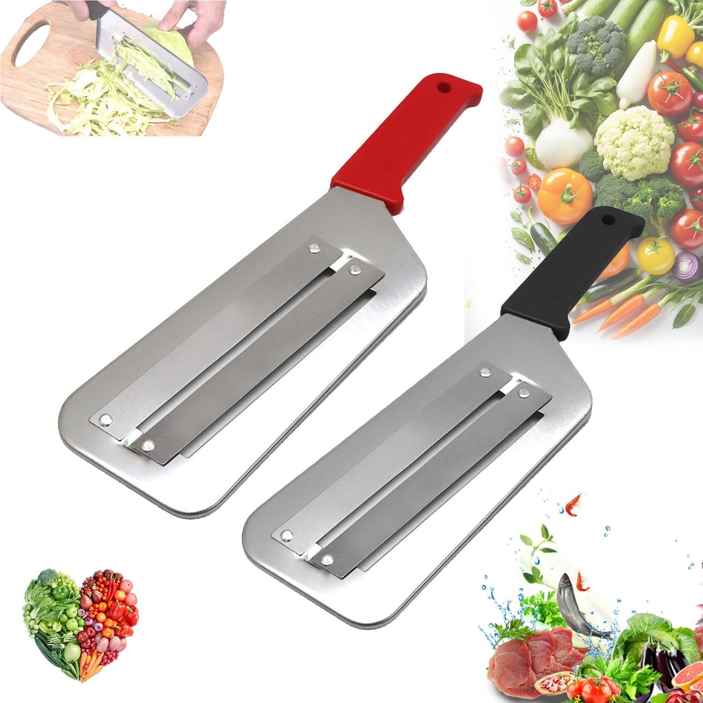 Dual Blade Julienne Cutter, Stainless Steel Shredder Slicer, Stainless Steel Cabbage Shredder for Coleslaw, Cabbage Slicer, Suitable for Vegetables and Fruits (Black+Red)