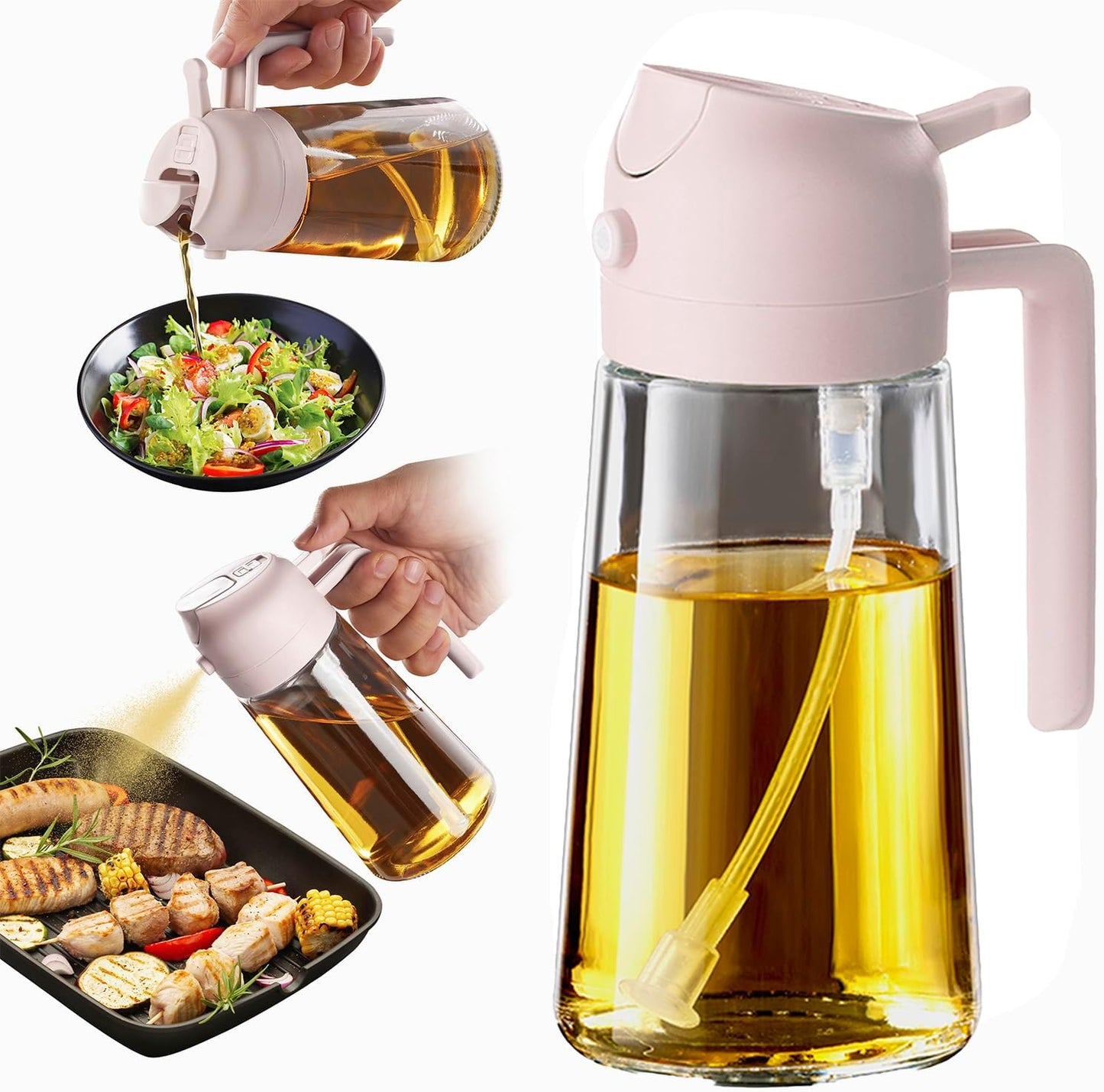 TrendPlain 16oz/470ml Glass Olive Oil Sprayer for Cooking - 2 in 1 Olive Oil Dispenser for Kitchen Gadgets, Air Fryer, Salad, and BBQ - Peach