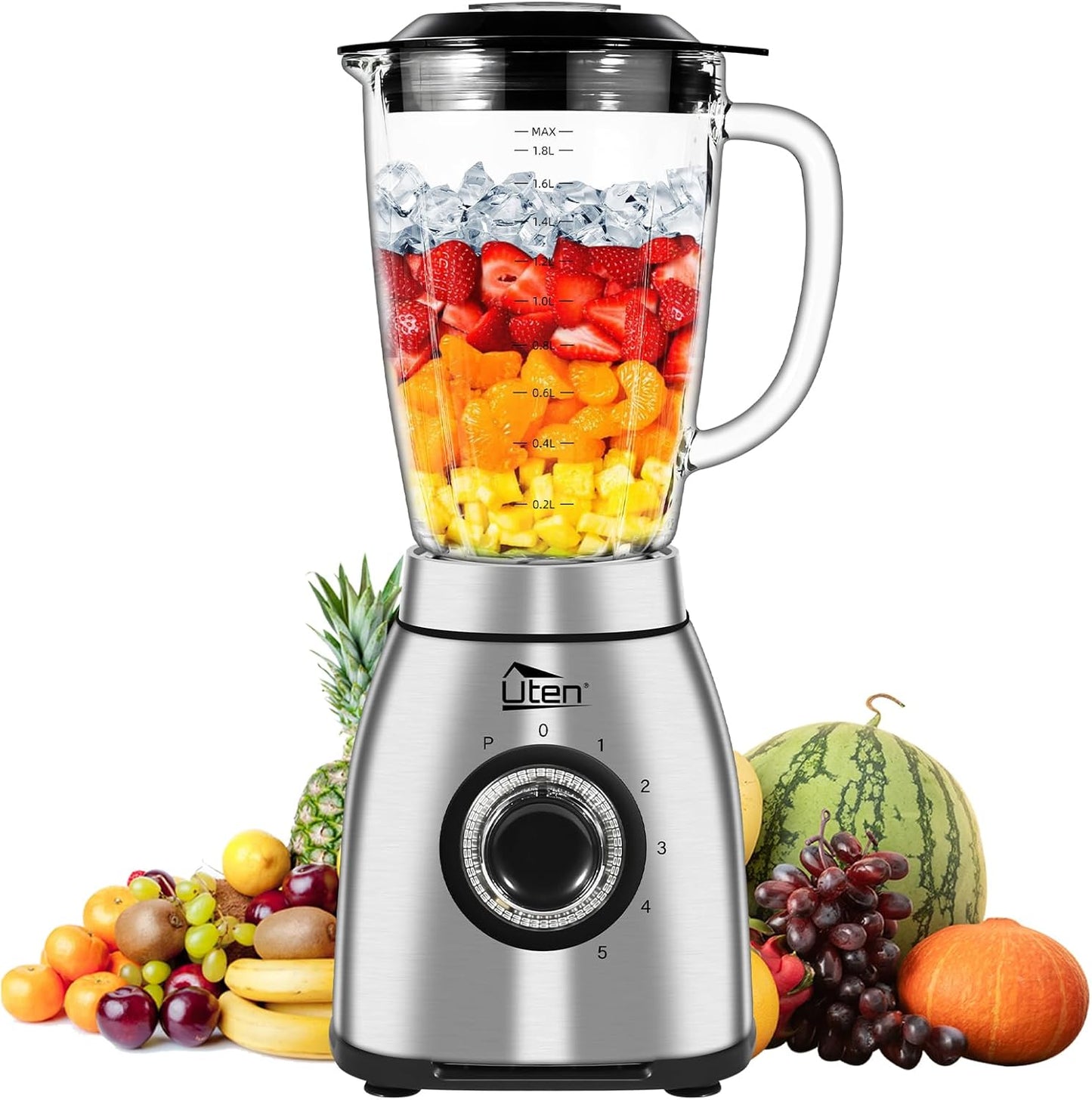 Uten 800 Watt Hight Speed Countertop Blender for Smoothies and Shakes, Ground Coffee Beans, 60 Oz Glass Jar, 5 Speed Settings and Pulse