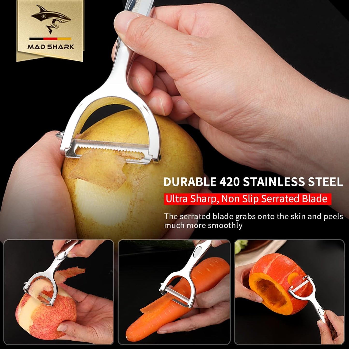 MAD SHARK Ultra Sharp Vegetable Peelers for Kitchen Fruit Apple Potato Peelers,Design with Ergonomic Non-Slip Handle, Y+I Shaped Stainless Steel Serrated(2pc）