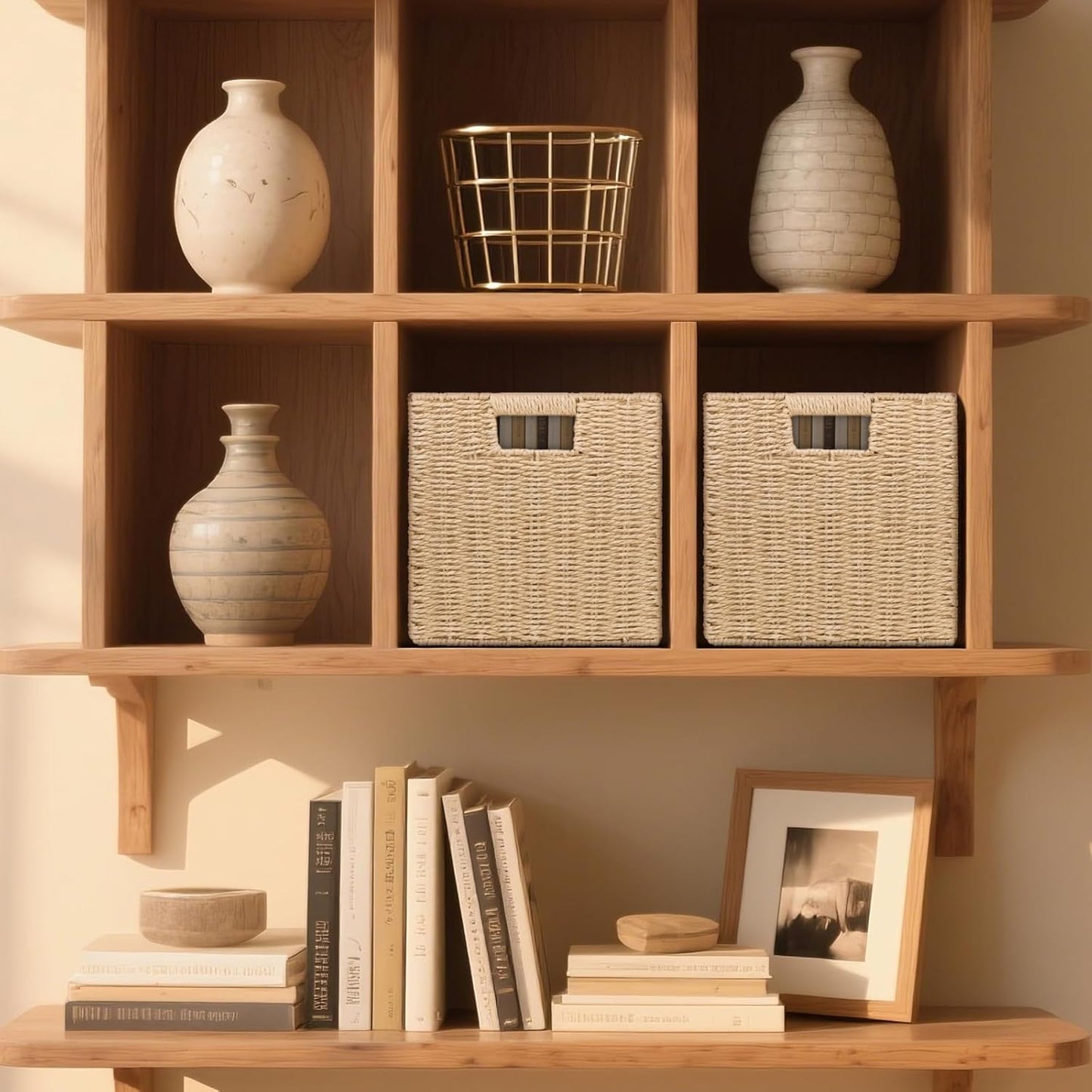 Wicker Storage Baskets for Organizing, 3 Pack Rustic Foldable Square Basket for Shelves, Handwoven Cubby Organizer Bins for Home Decor, Small Cube Storage Bin for Closet Organization (Natural 11 inch)