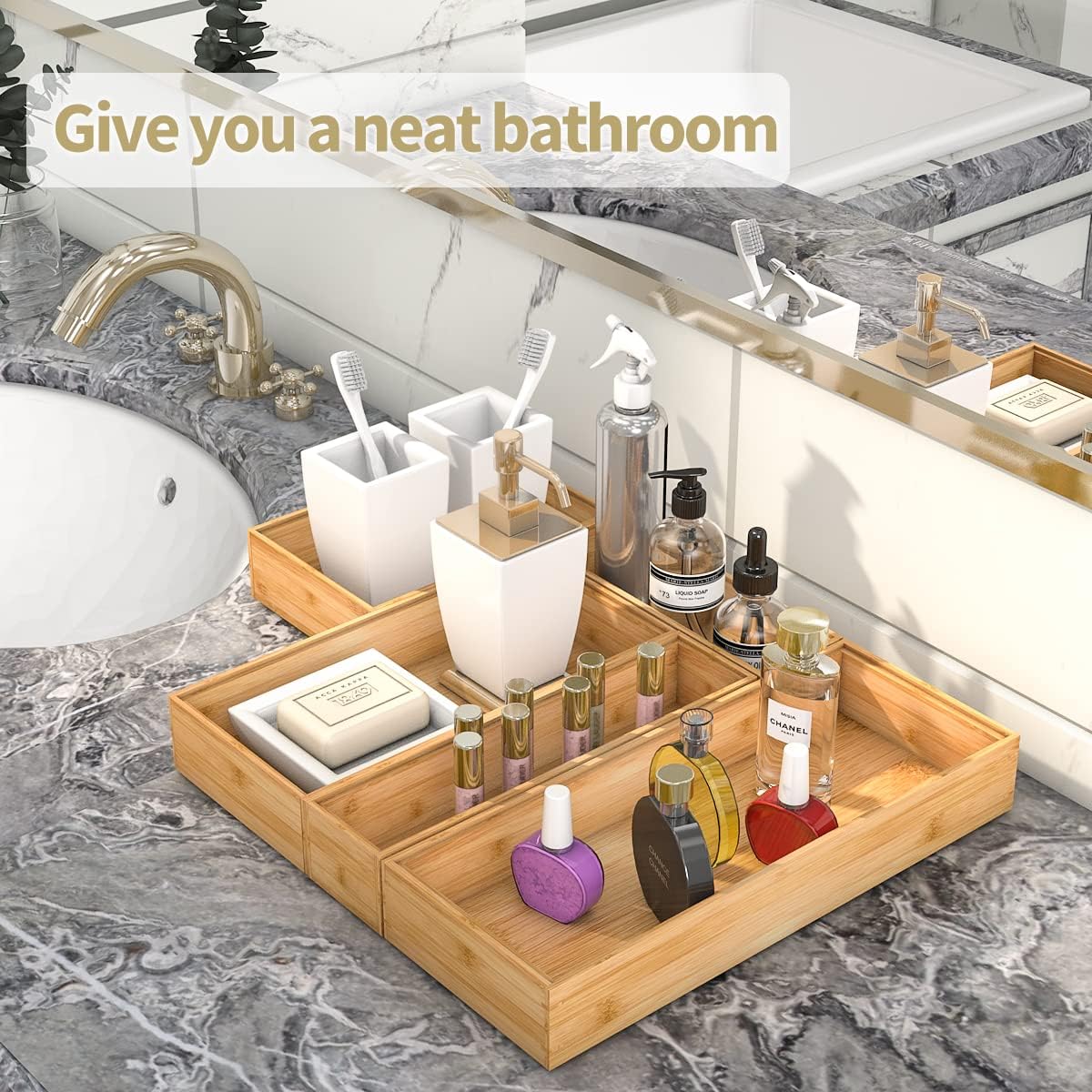 Bamboo Kitchen Drawer Organizer,Stackable Silverware Tray Utensil Organizer Cutlery Holder for Kitchen,Wooden Storage Box for Bathroom, Multi-Use Storage Bins Boxs Dividers for Office(9x6x2.5 inch）