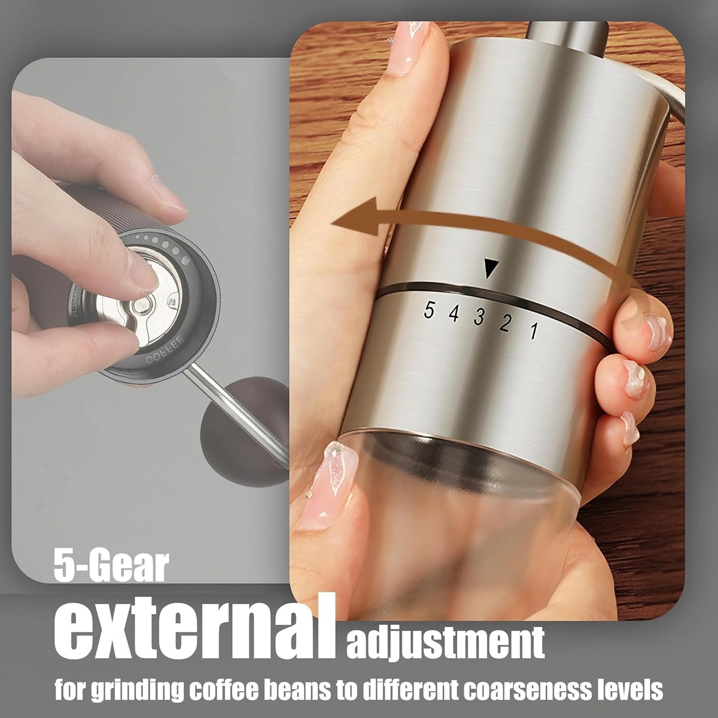 Portable Manual Coffee Grinder - Conical Burr with 5 Adjustable Settings for Smooth Grinding, Perfect for Espresso Enthusiasts at Home, Office, or Camping