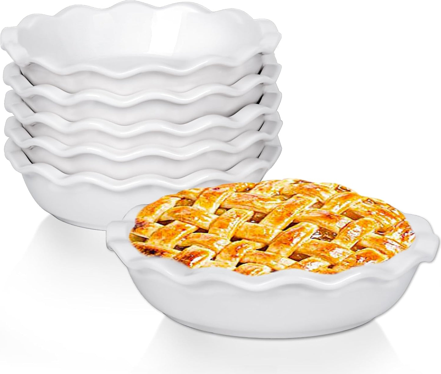 Ceramic Mini Pie Pans, 6.5 Inch Individual Small Pie Pans, 12 Oz Pie Dish Ramekins for Baking Chicken Pot Pie, Quiches, Fruit Pies, Set of 6, White