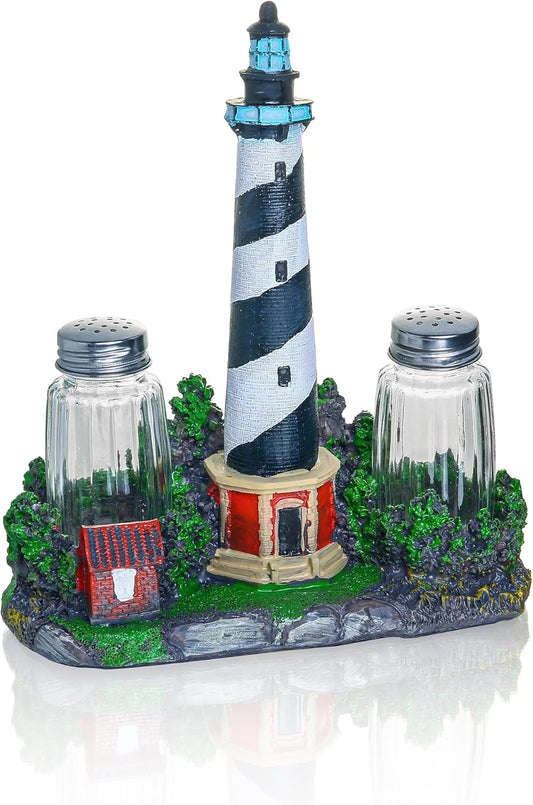 Vintage Farmhouse Salt And Pepper Shakers Set - Salt And Pepper Dispenser with Resin Lighthouse Figurine And Statues Holder - Perfect Kitchen DéCor with Glass Spice Jars