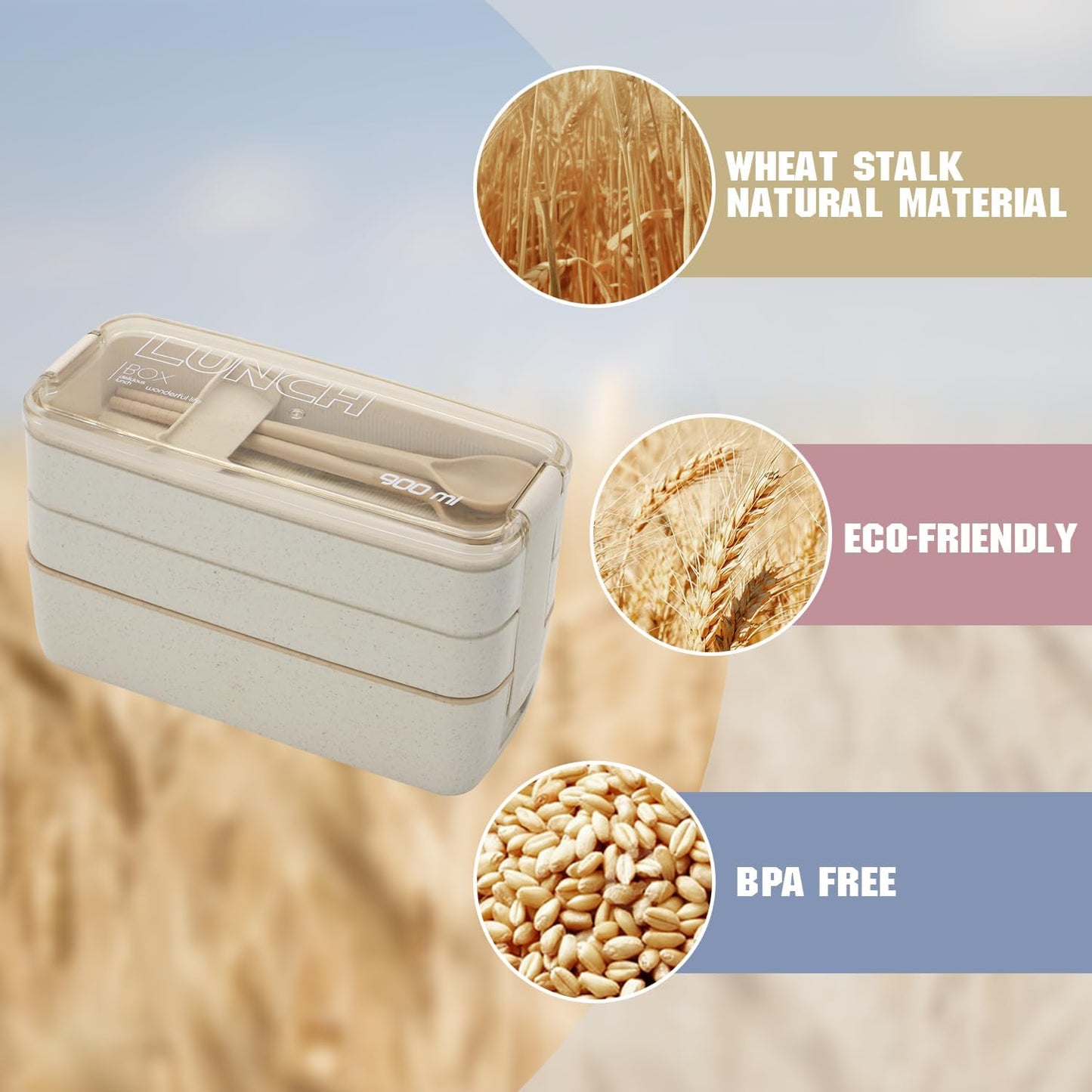 Bento Box Adult Lunch Box, Stackable 3-In-1 Compartment Bento Containers Kit with Spoon&Fork, Wheat Straw Meal Prep Containers Beige