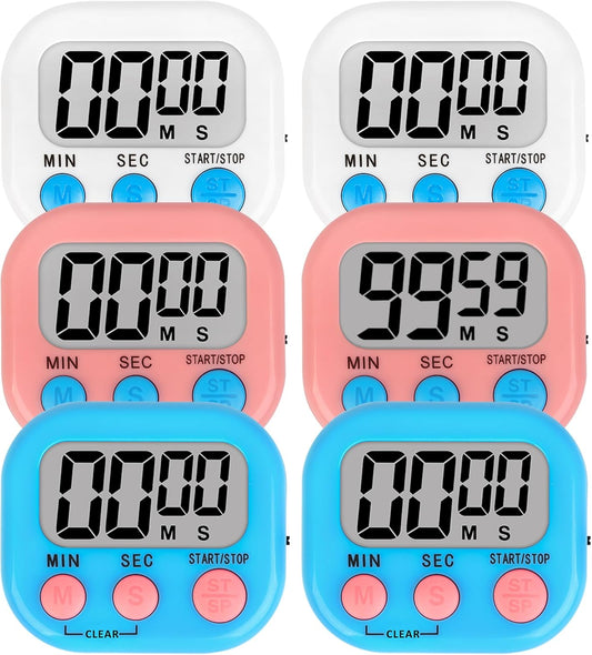 ZILLEEN 6 Pack Kitchen Timers for Cooking Digital Classroom Timers for Kids Teachers White Blue Pink