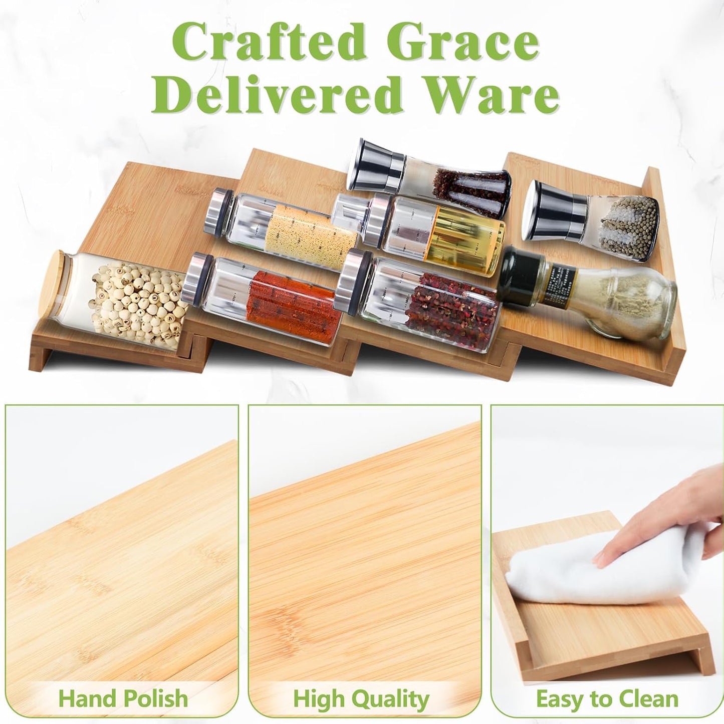 Bamboo Spice Drawer Organizer for Insert Shallow Drawer, 8 Tier Stackable Spice Rack Organizer for Cabinet(4.8" D x 13" W x 1.65" H) Seasoning Storage Organization for Kitchen Pantry Drawer