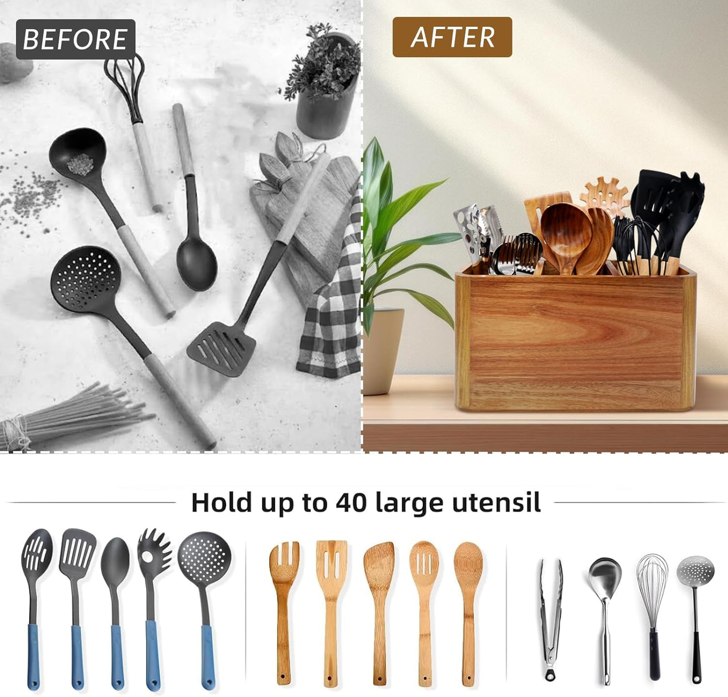 Wooden Kitchen Utensil Holder Organizer for Counter or Countertop, Large Wooden Utensil Holder for Storage Cooking and Silverware with 3 Compartment, Acacia Rustic Wood Container Extra Large