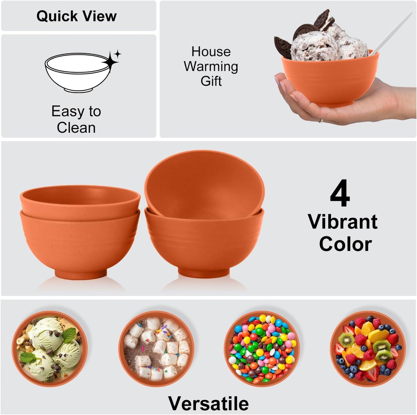 wheat straw small bowls 10oz set of 8 - Unbreakable Dessert Bowls - Mini Bowl Sets for Ice Cream,Snack and Fruits - Microwave & Dishwasher Safe Appetizer Bowls. Orange