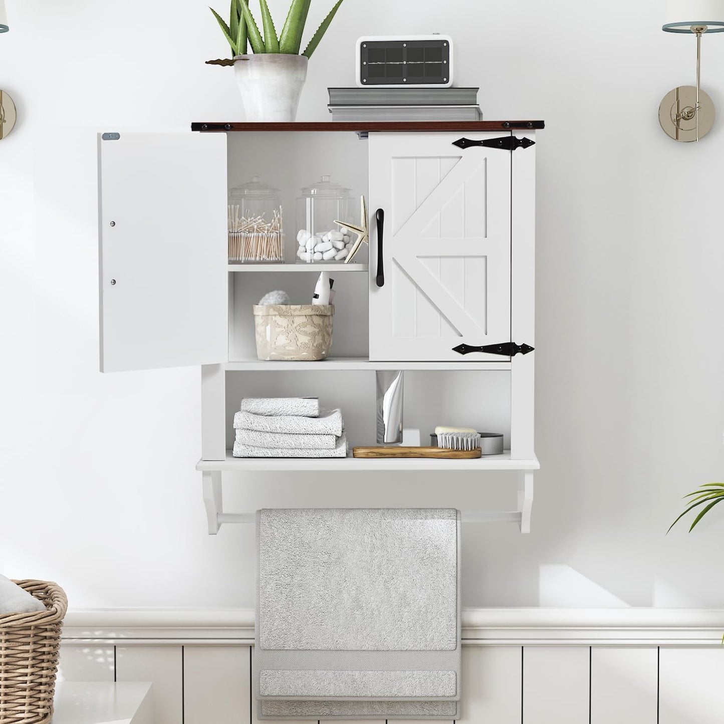 JOMEED Bathroom Wall Cabinet, Farmhouse Medicine Cabinet Storage with Doors and Adjustable Shelf, Over The Toilet Storage, White